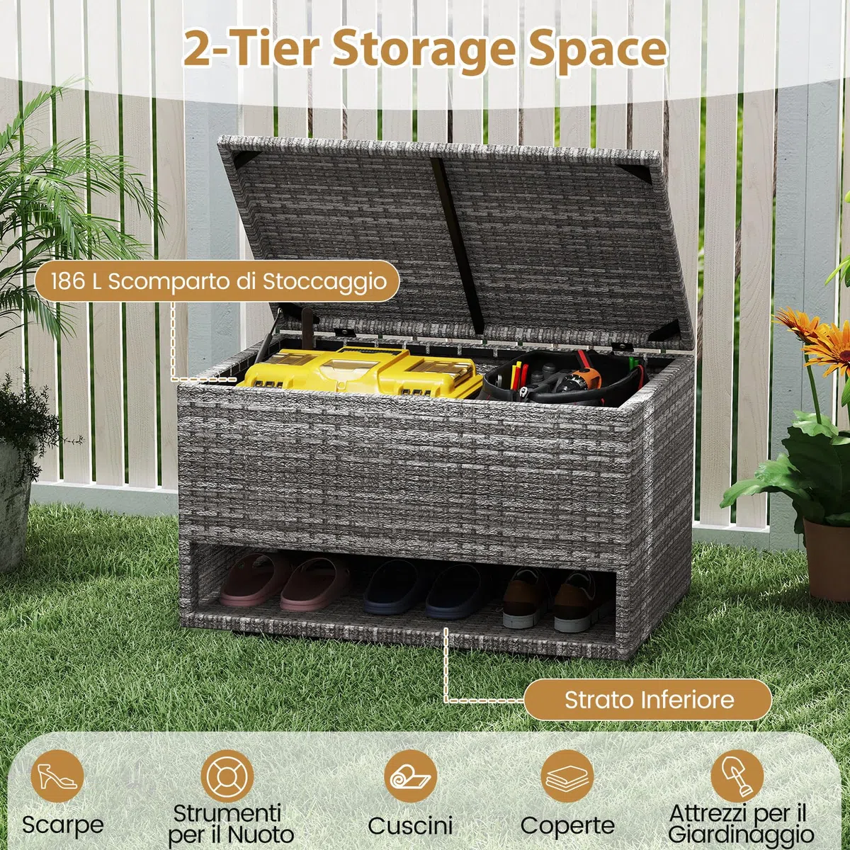 COSTWAY Baule da Giardino 186 L, Panca Contenitore in Rattan con Scarpiera, Rivestimento Protettivo, Organizzatore per Cuscini, Accessori Piscina, Attrezzi da Giardino (Grigio)