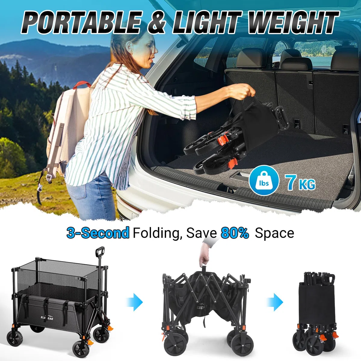 Elegear 200L Carrello Spiaggia Portatutto Regolabile, Carrello Pieghevole con Ruote Tutti i Terreni con Freno, Carrello Campeggio Trolley Carrello da Trasporto Giardino Supermercato Mare Carico 200KG