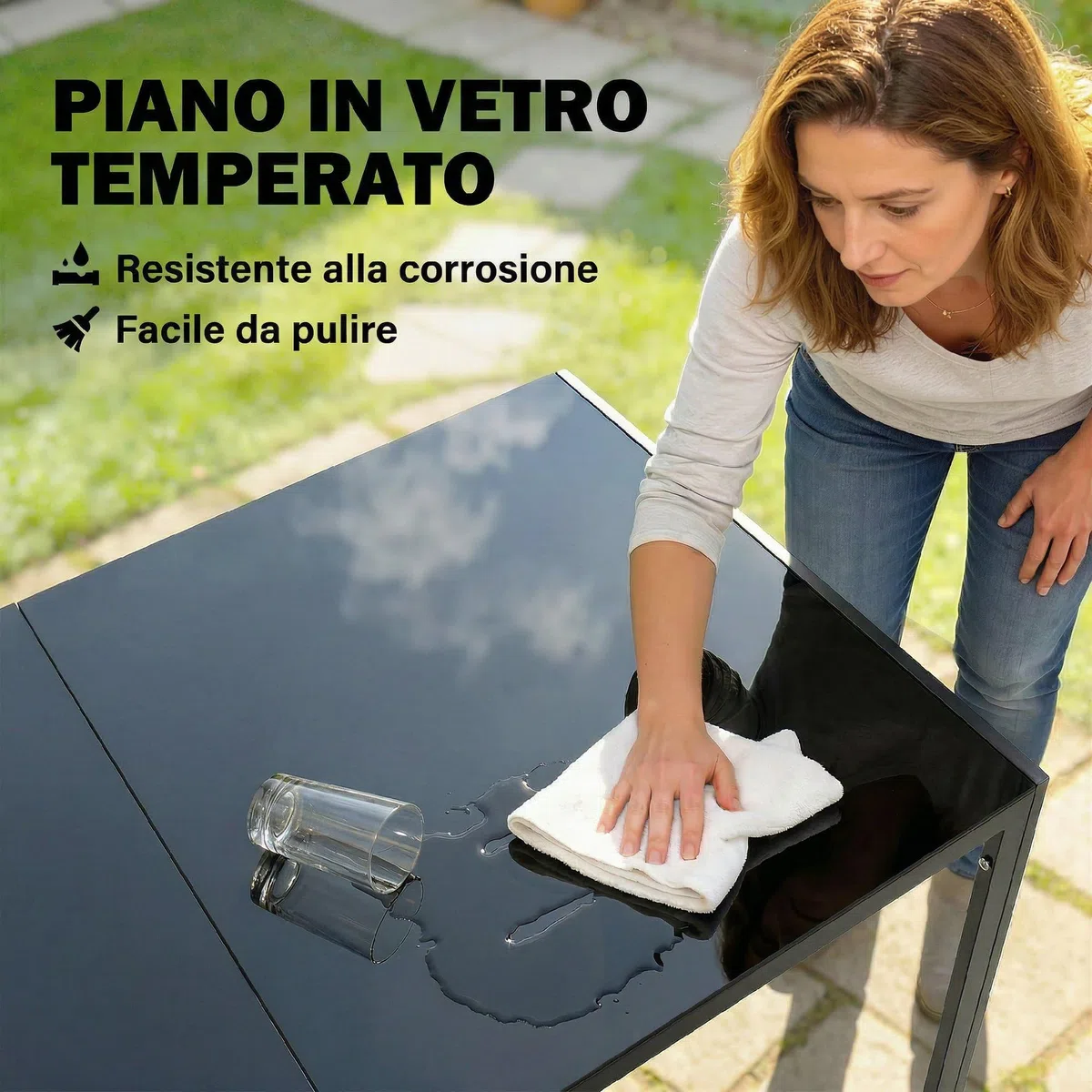 Outsunny Set Tavolo e Sedie da Giardino 7 Pezzi, Set Pranzo Esterno con Tavolo da Giardino Rettangolare in Vetro Temperato, 6 Sedie, Cuscini, Struttura Acciaio Zincato per Terrazza Balcone, Nero