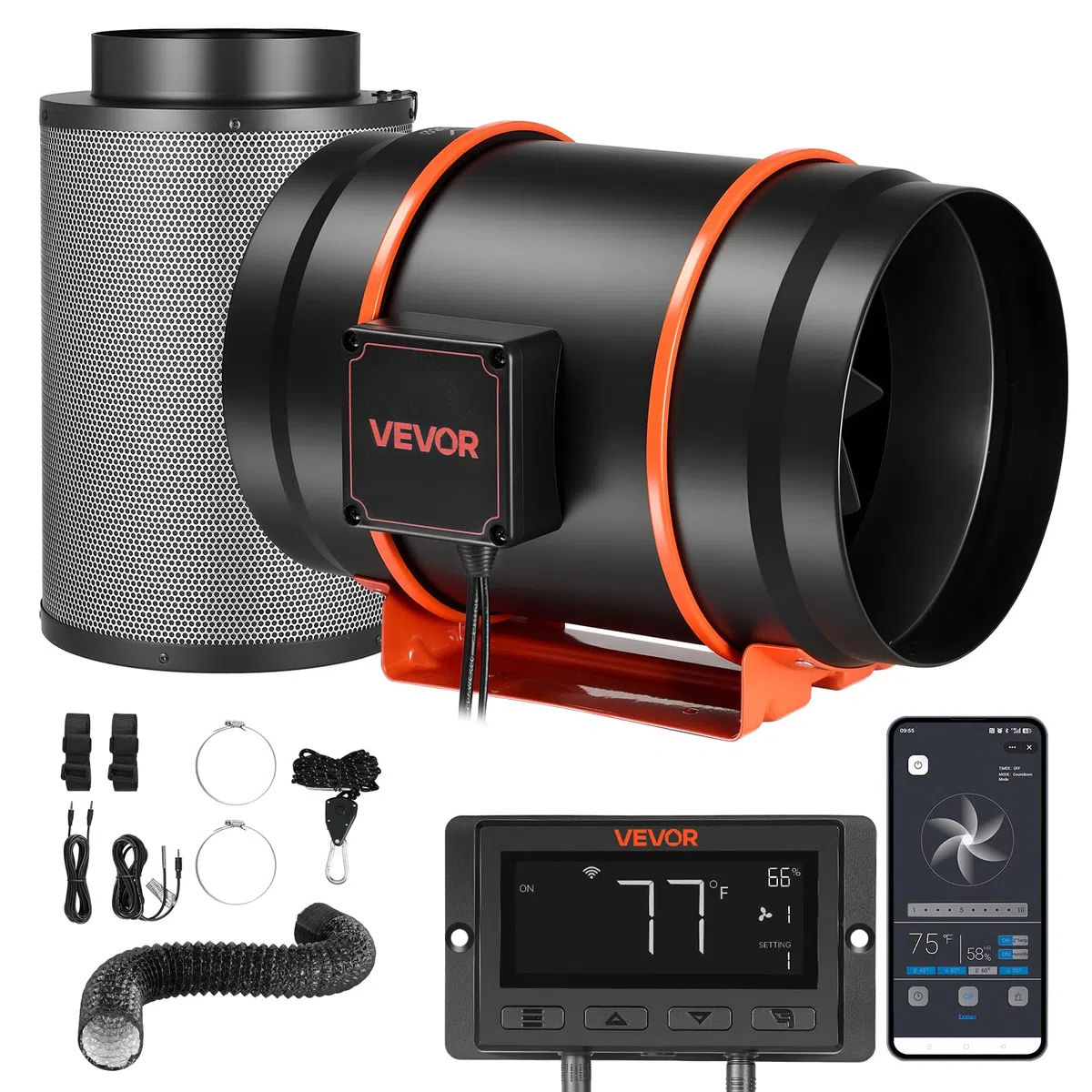 VEVOR Kit Estrattore Aria in Linea 1372 m³/h, Kit Ventilatore da Condotto con Filtro a Carboni Attivi, Motore EC 203 mm, 10 Livelli di velocità, Controllo PWM con App e Timer, per Giardinaggio Indoor