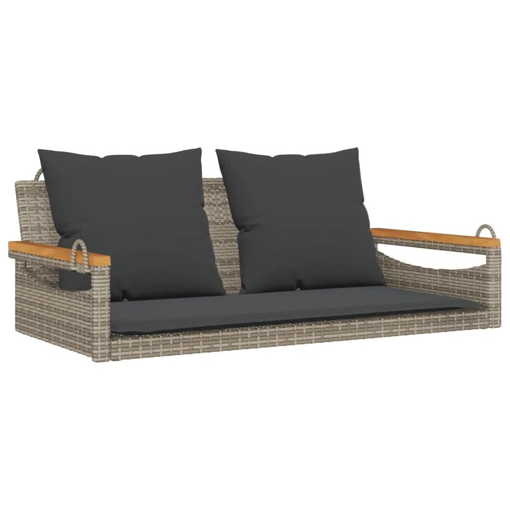 Gecheer Panchina Dondolo in Polyrattan Grigia 109x62x40 cm con Cuscini, Funzione Oscillante, Struttura in Acciaio Verniciato e Legno di Acacia, per Giardino Esterno