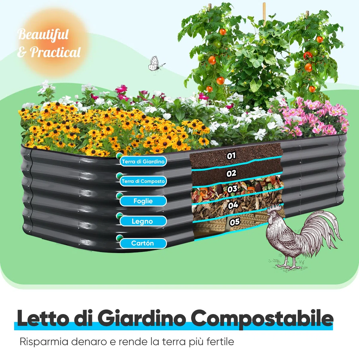 Quictent Kit di Orto RiAlzato Galvanizzato, Fioriera Ovalata in Metallo per Verdure all'Aperto e Giardino, 180x90x45cm