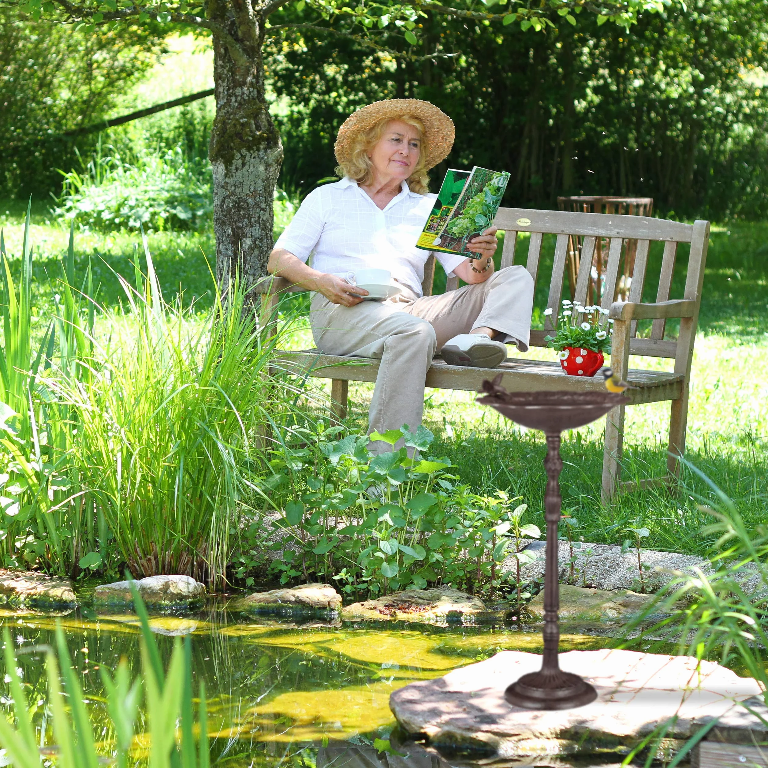 Relaxdays Grande Fontana per Uccelli, a Colonna, da Giardino, Vaschetta per Uccelli Selvatici, H 74,5 cm, Marrone