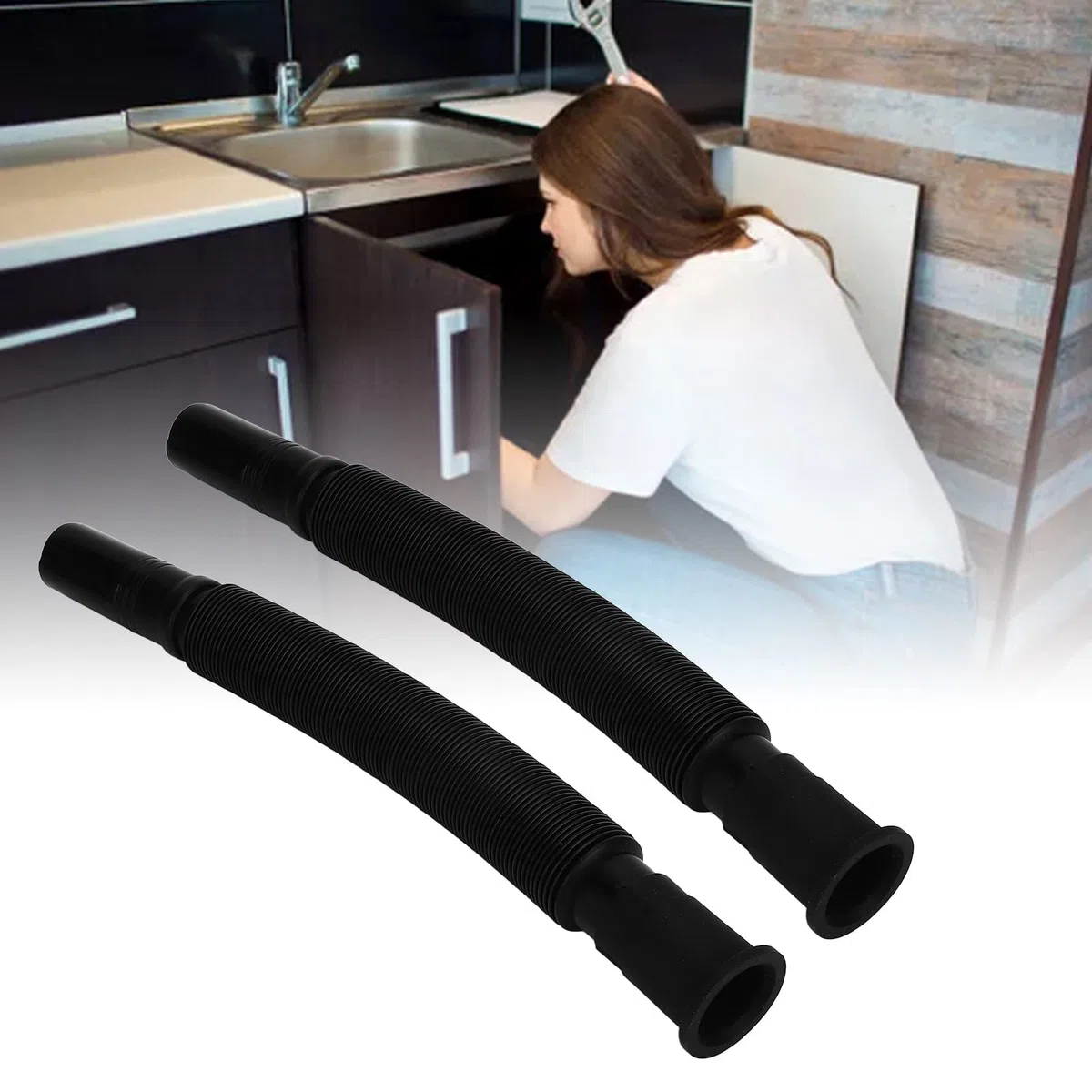 PVC Water Pipe for Kitchen, 2 Pack Flexible Drain Pipe and Adjustable Sink Drain Hose, Black