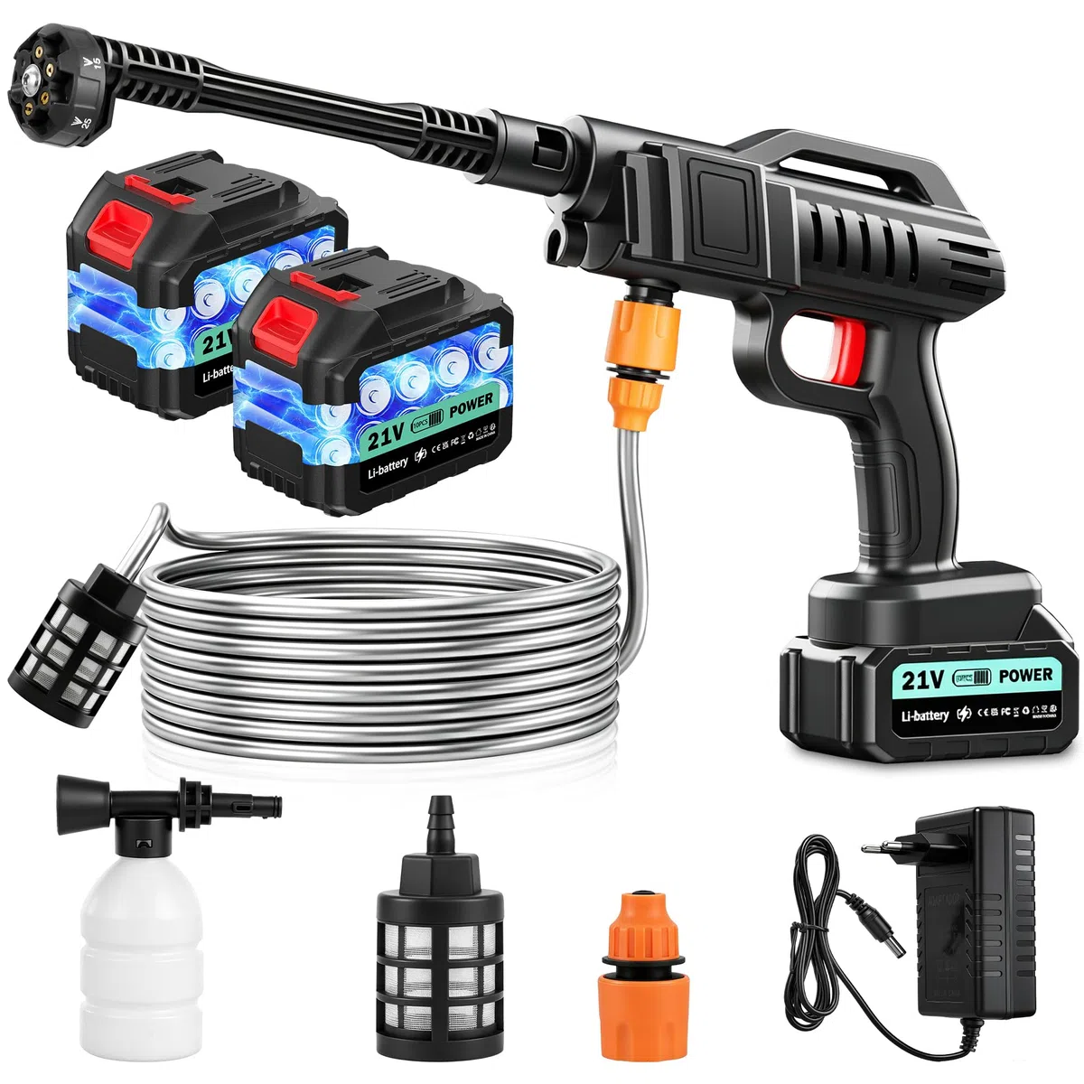 Rondella ad alta pressione a batteria 100 Bar 270 L/H | Idropulitrice Potente Pistola portatile con 2 batterie da 3000 mAh per auto terrazza 6 in 1 ugello regolabile 5m tubo