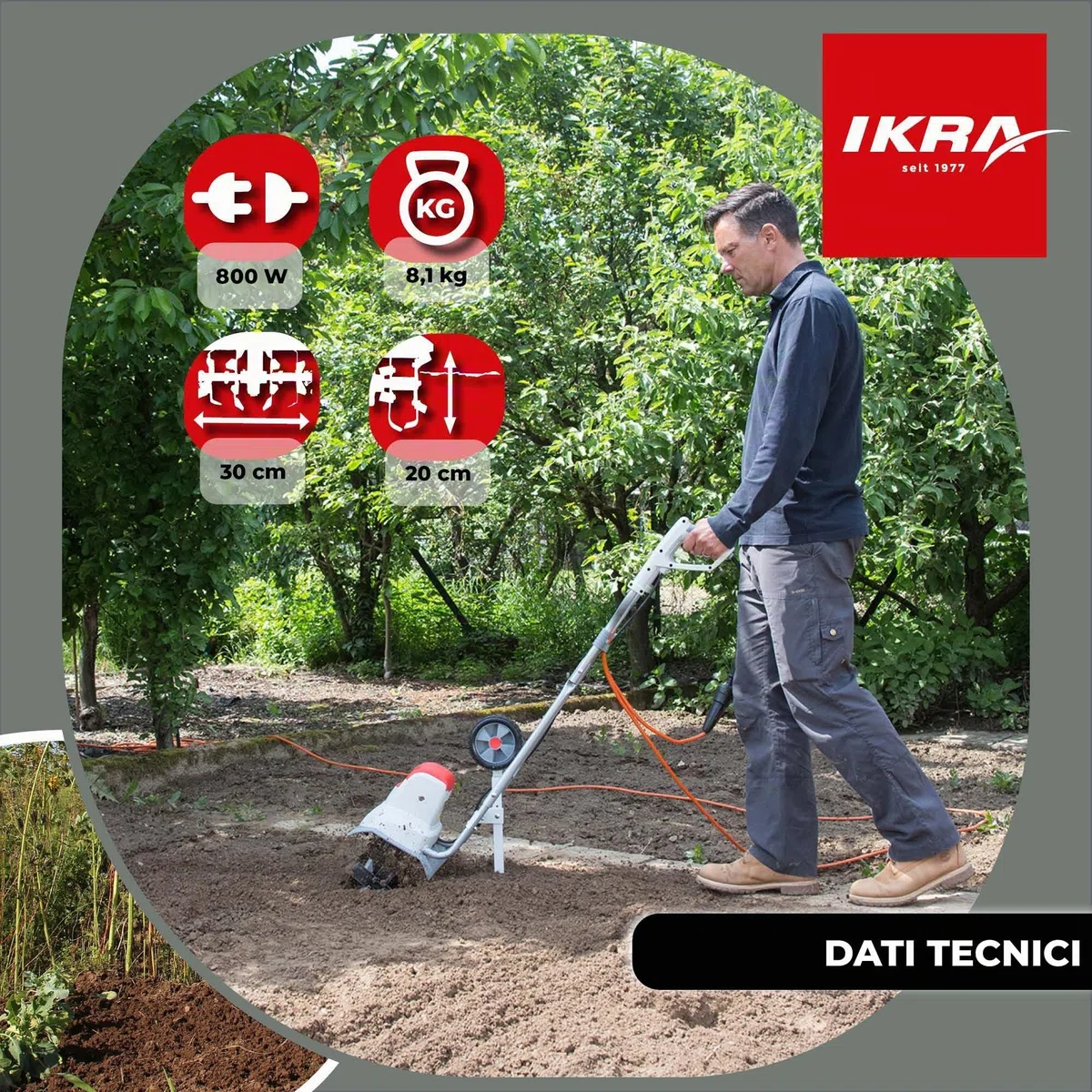 IKRA motozappa elettrica IEM 800S, larghezza di lavoro 30cm, profondità di lavoro 20cm, 800 W