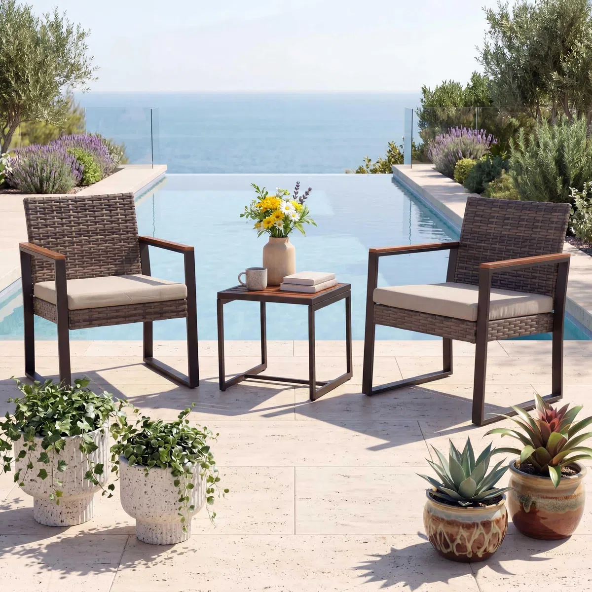 LIFEZEAL Set Tavolo e Sedie da Giardino 3 Pezzi, in Rattan PE e Metallo, Salotto da Giardino 2 Persone con 1 Tavolino da Caffè, 2 Divanetti e Cuscini, Set da Bistrò per Balcone, Terrazzo (Bianco)