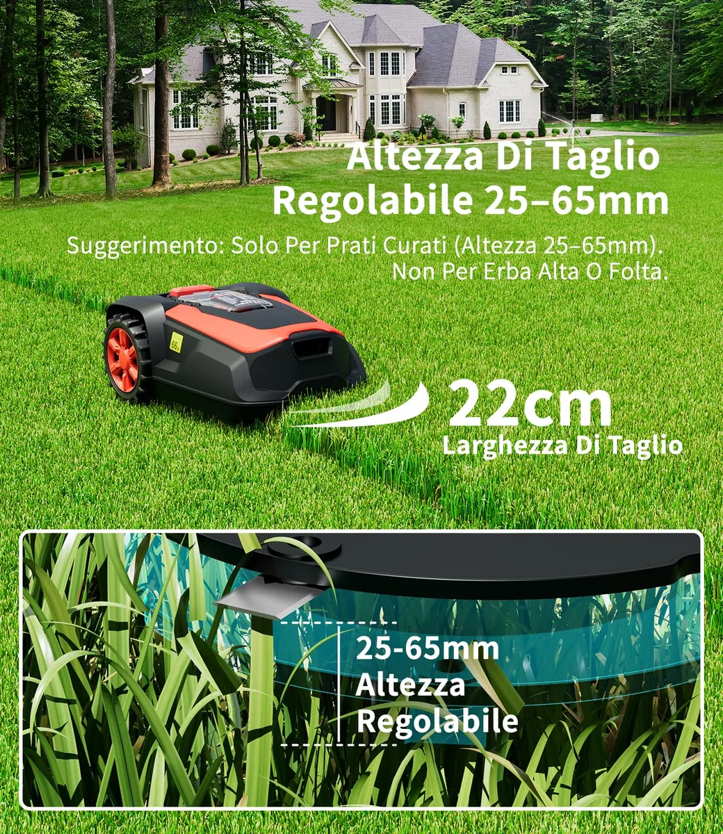 Robot Tagliaerba con Filo Perimetrale 1400 m², Pendenza 47%, Altezza di Taglio 25-65mm, Controllo via App