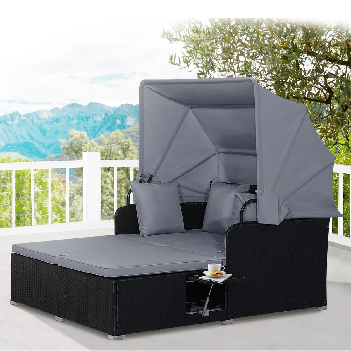 LIFEZEAL Salotto da Giardino Esterno, in Rattan PE, Divanetto per 2 Persone, Trasformabile in Letto Matrimoniale, con Ombreggiatura del tettuccio, Tavolino da Caffè e 4 Cuscini, 165x153x138cm (grigio)