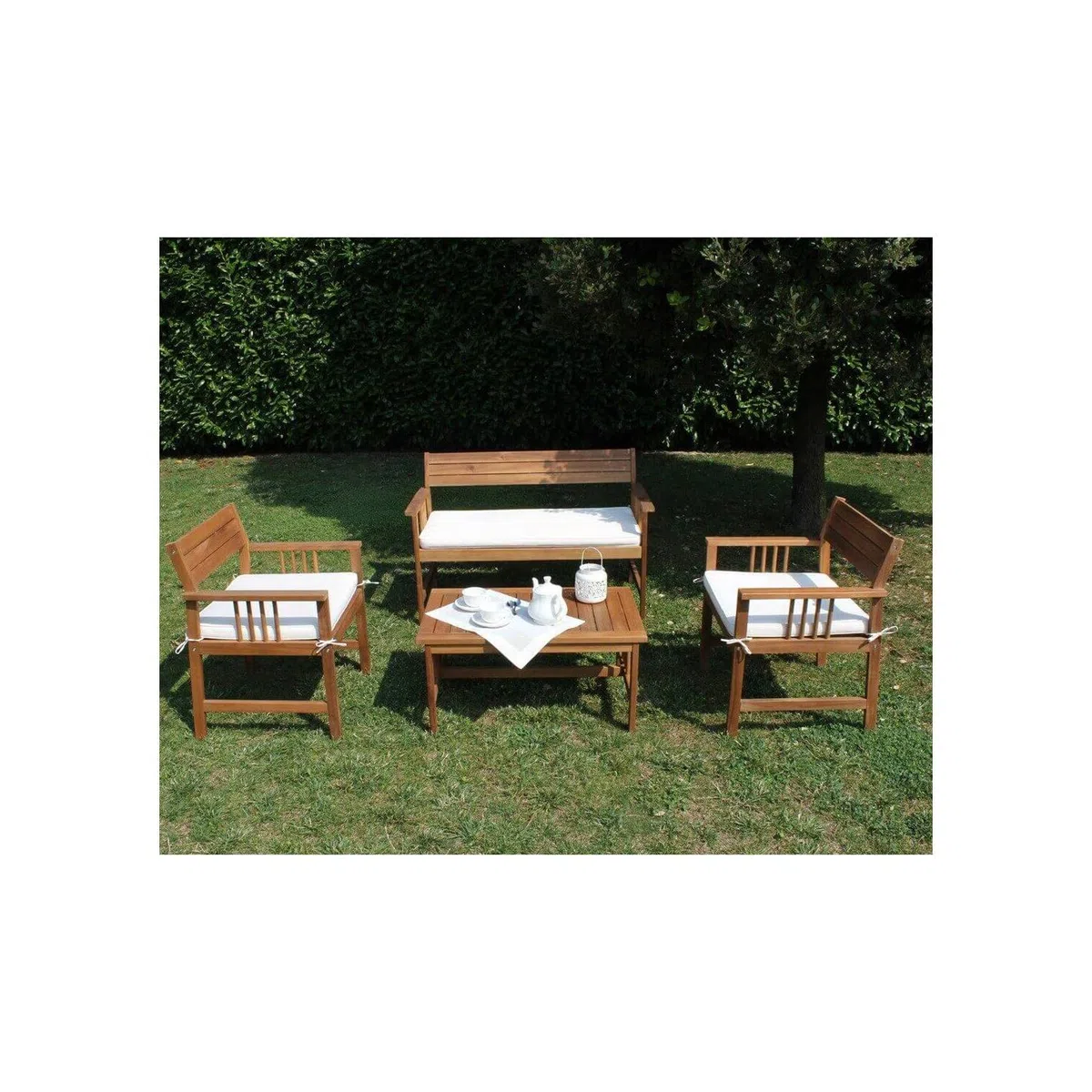 SALOTTO BALI IN LEGNO DI ACACIA MASSICCIO CON CUSCINI BIANCHI SPESSORE 4CM