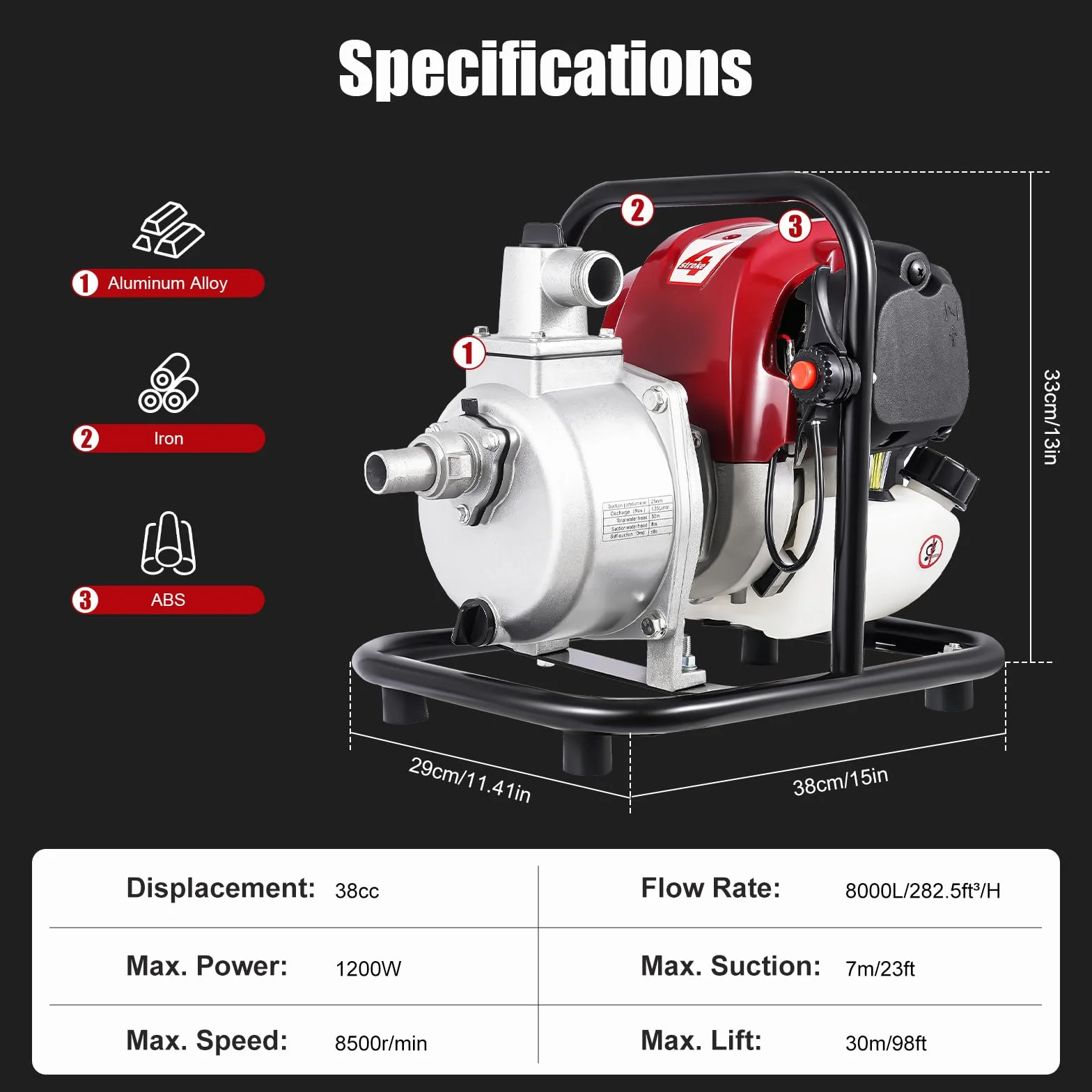 Pompa per acqua a benzina a 4 tempi, pompa da giardino, pompa per laghetti, pompa portatile a gas, pompa per acqua sporca, pompa centrifuga, motore a benzina, pompa ad alta pressione, 38 CC, 1200 W,