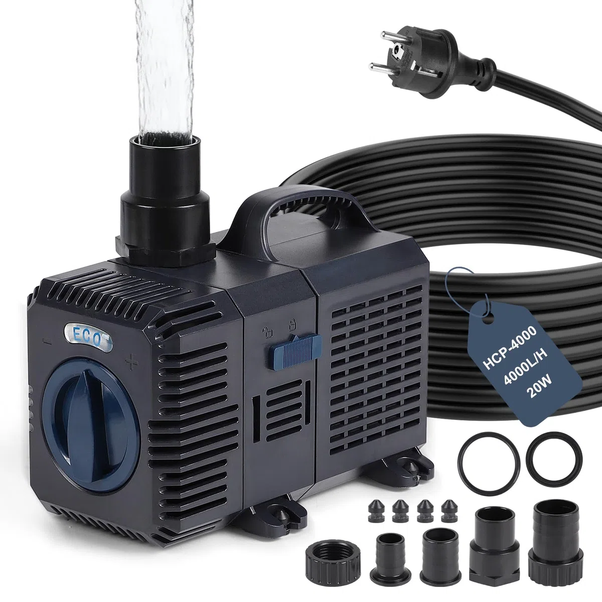 CPROSP Pompa per Laghetto 4000L/H - 20W, Altezza di Sollevamento 3,6 m, Pompa Acquario con Cavo da 5m, Portata Regolabile, per Filtro Laghetto da Giardino, Ruscello, Cascata