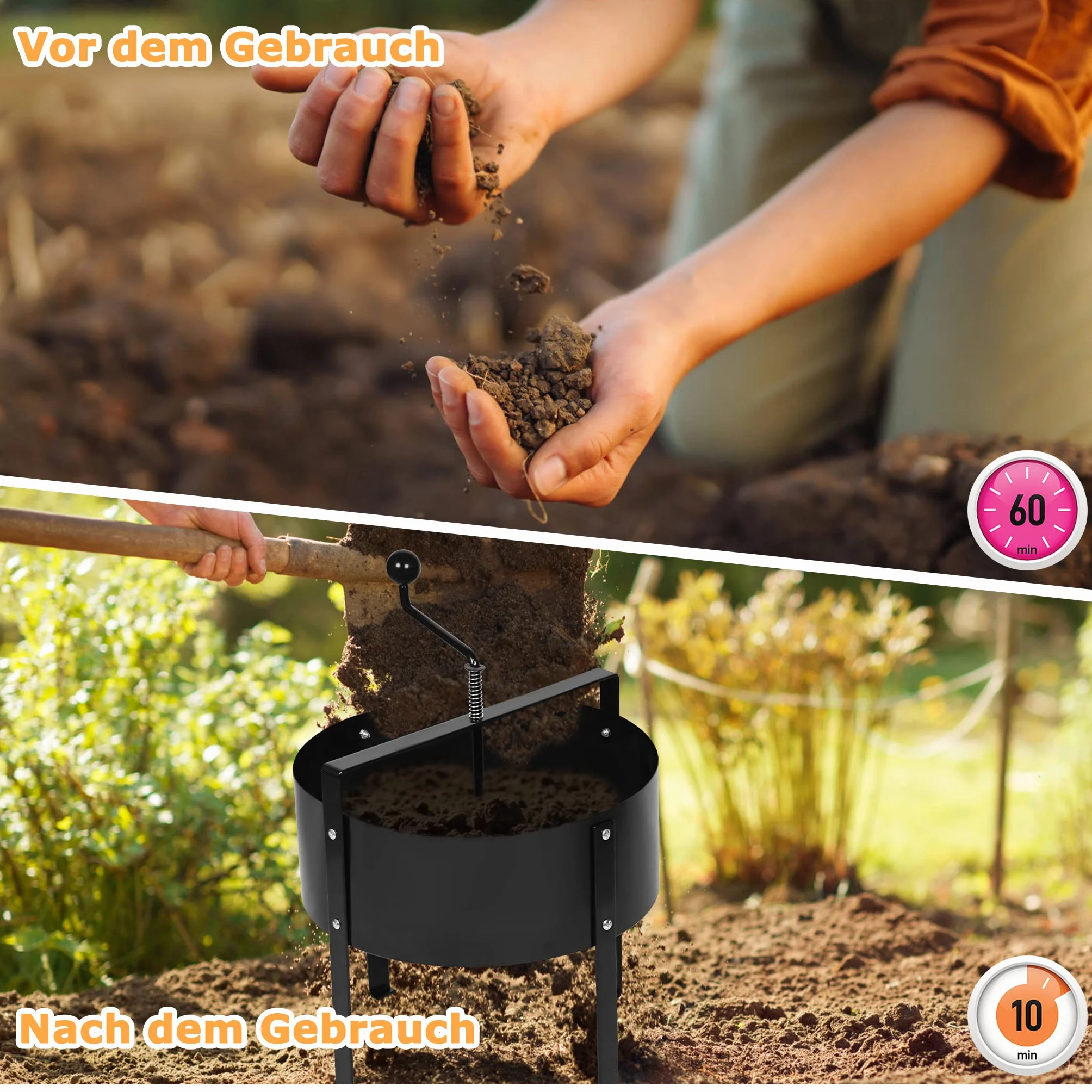 UISEBRT Setaccio da Giardino a manovella, Setaccio rotativo per compost, Ø 40 cm, in metallo, per pietre, compost, erbacce, sabbia, nero