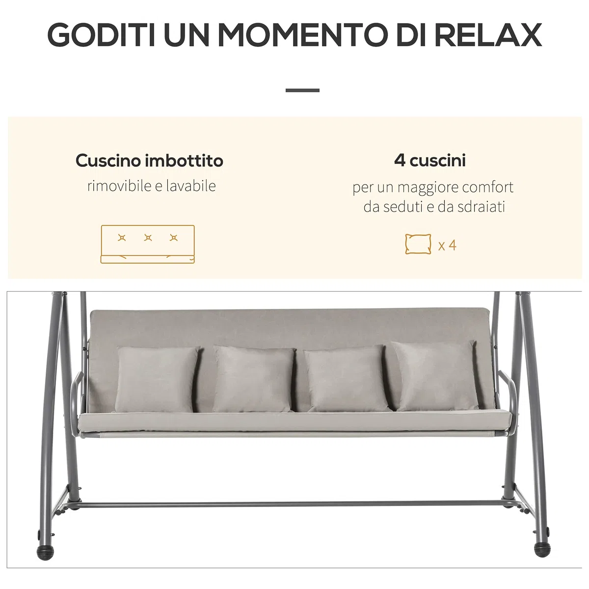 Outsunny Dondolo Letto da Giardino 3 Posti Convertibile in Letto e Tettuccio, Acciaio e Poliestere 218x120x168cm Cachi Chiaro