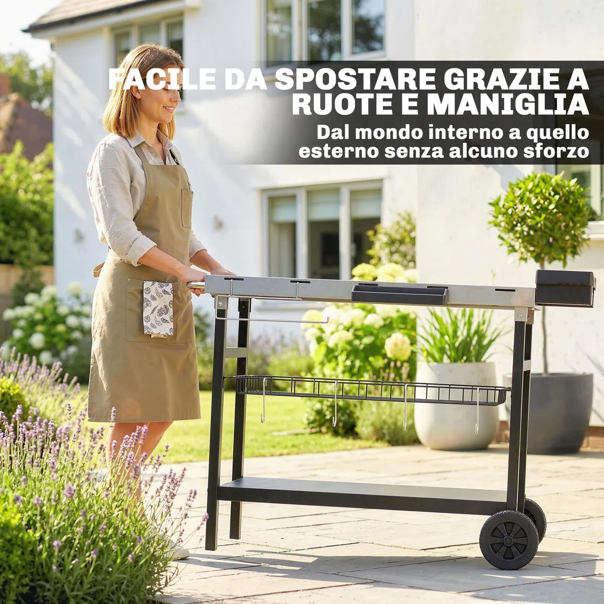 Outsunny Carrello Barbecue da Esterno con Piano in Acciaio Inossidabile, Carrello Cucina da Esterno con 2 Ruote, Porta Spezie, 4 Ganci e Maniglia Laterale, 114x61x81 cm, Nero