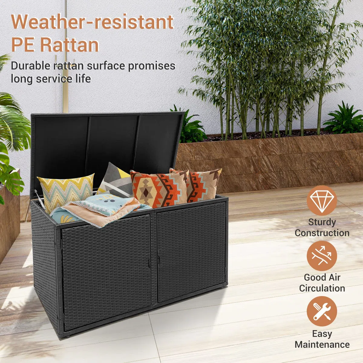 GIANTEX Cassapanca Per Esterni in Metallo e PE Rattan, Ideale Per Tenere in Ordine, 310 L,115 x 60 x 65/120 cm, 2 Colori (Nero)