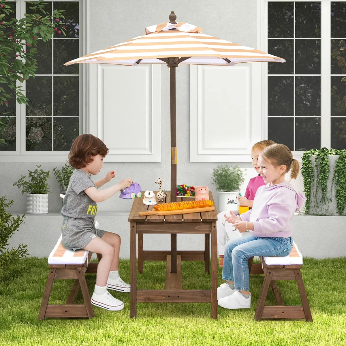 SOARS Set di Tavolo Picnic per Bambini con Ombrellone Regolabile, Panche per Bambini in Legno di Abete con Parasole e Cuscini Morbidi, Tavolo e Panchine Pranzo da Giardino e Parco (Marrone)