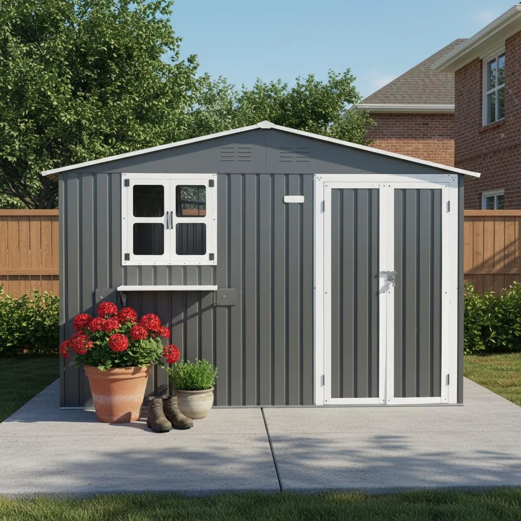 Capanno per attrezzi da esterni, 7,19 m², in acciaio zincato, resistente alle intemperie, con 2 finestre, porta richiudibile e scaffale per fiori, capanno per attrezzi impermeabile per giardino e
