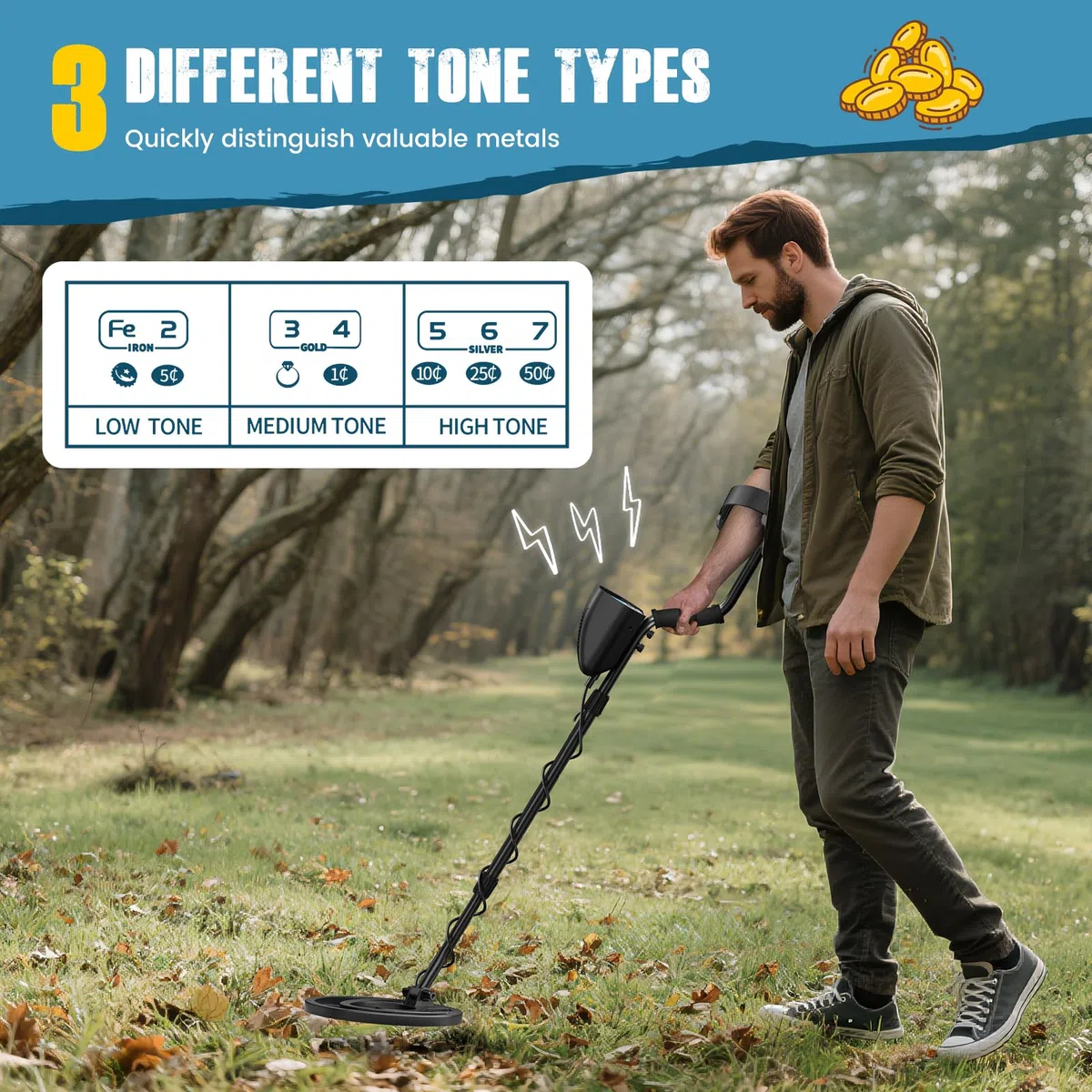 Metal detector per adulti e bambini lunghezza sensibilità e audio regolabile, tutte le modalità metallo/DISC/PP, display LCD, kit di rilevatori d'oro professionale per spiaggia, giardin (Blau)