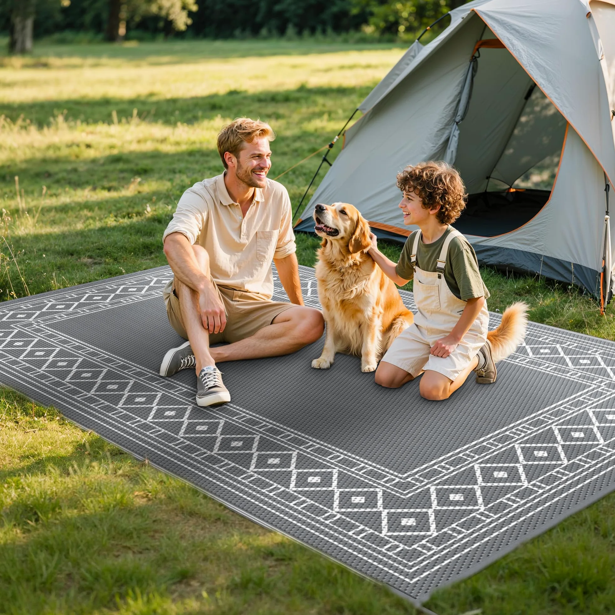 GENIMO Tappeto da Esterno 150x240 cm in Plastica Impermeabile Lavabile Reversibile, Vintage Grigio/Bianco per Terrazza Giardino Camper Picnic Balcone