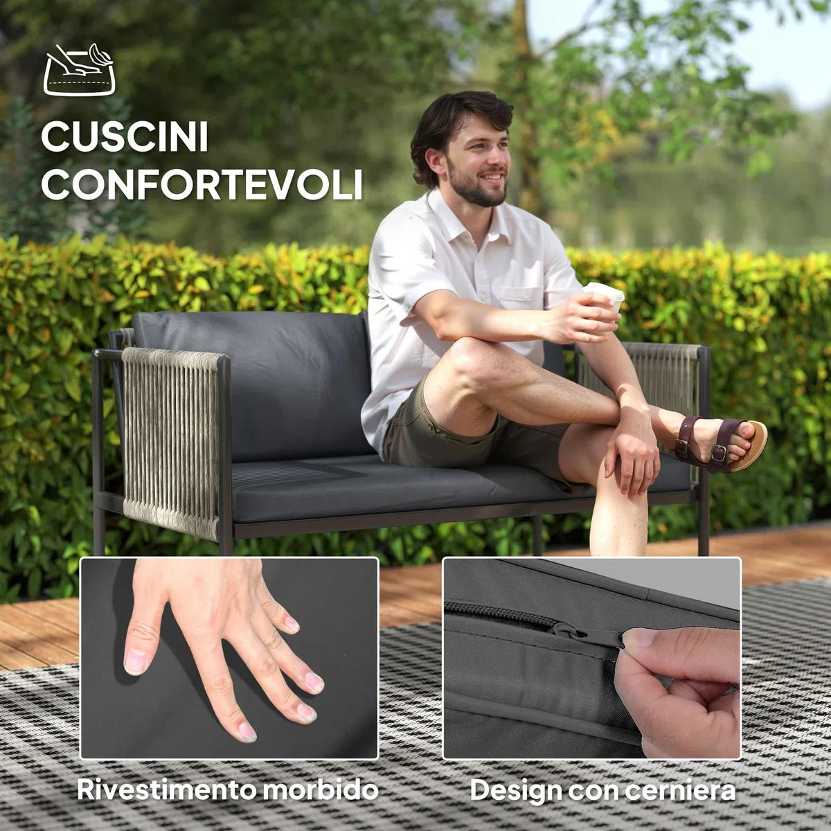 Outsunny Set di Mobili da Giardino in Rattan 4 Pezzi, Salotto da Esterno con Divano a 2 Posti, 2 Poltrone da Esterno, Tavolino da Caffè in Vetro e Cuscini Lavabili, Struttura in Acciaio, Nero/Grigio
