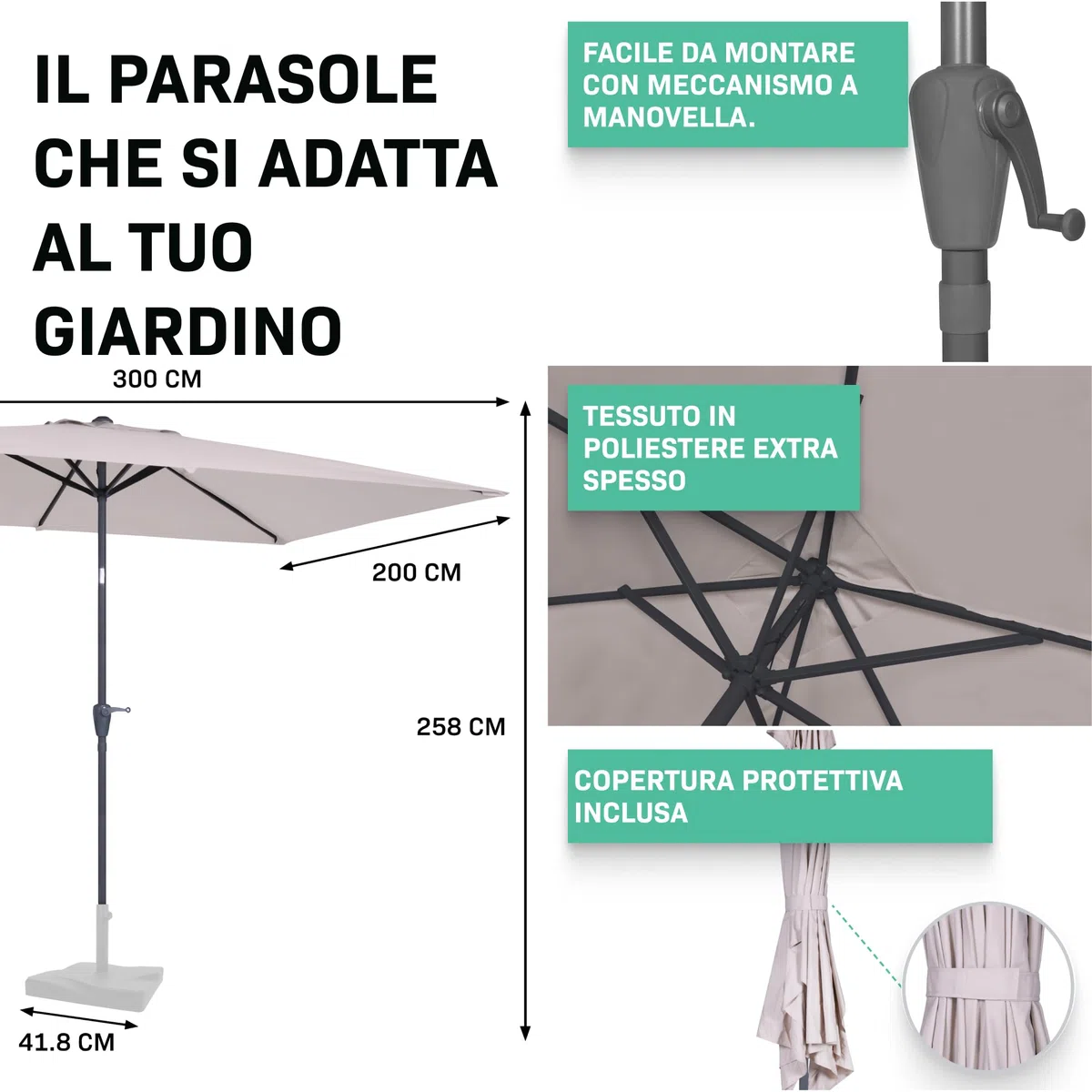 VONROC Ombrellone da giardino Rapallo 200x300 cm con Inclinazione Regolabile, UPF 50+, Manovella Facile e Copertura Protettiva Inclusa Nero