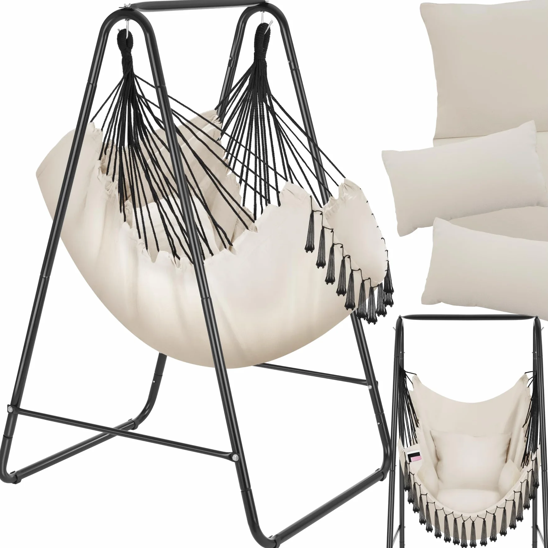 tectake® Poltrona Sospesa Boho con Cuscini, Tasca Laterale, Tessuto Misto Cotone-Poliestere, Telaio in Acciaio, Capacità 160 kg, Arredamento Casa e Giardino, per Interni ed Esterni - Beige