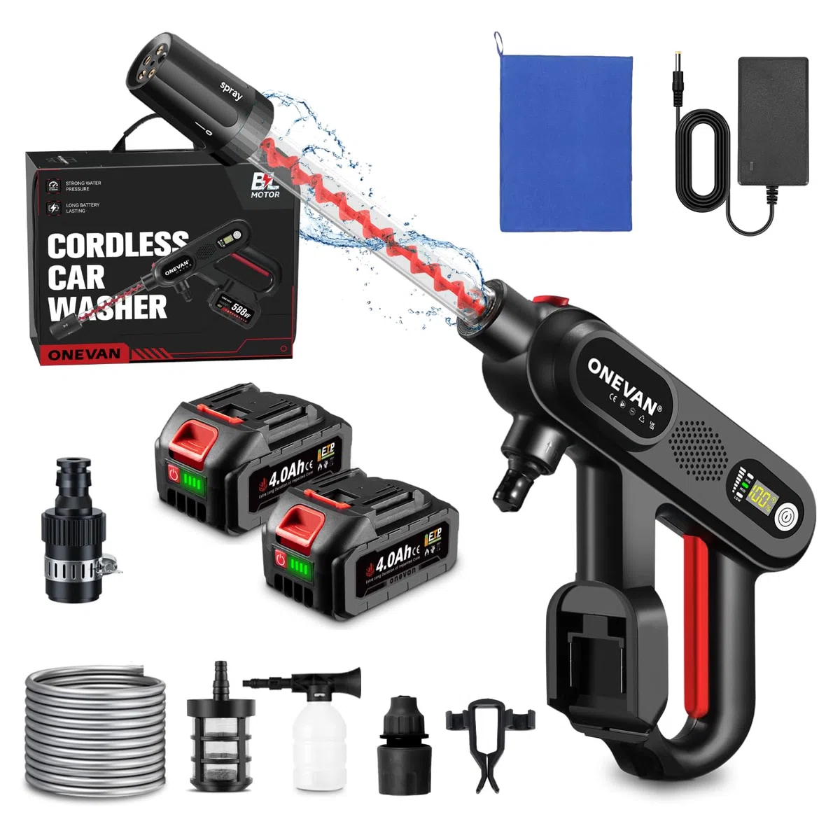 ONEVAN idropulitrice a batteria, 80bar mini idropulitrice portatile con 2 batterie 4,0 Ah, display LCD, ugello 5 in 1, senza fili, con tubo da 5 m, bombola di schiuma, filtro