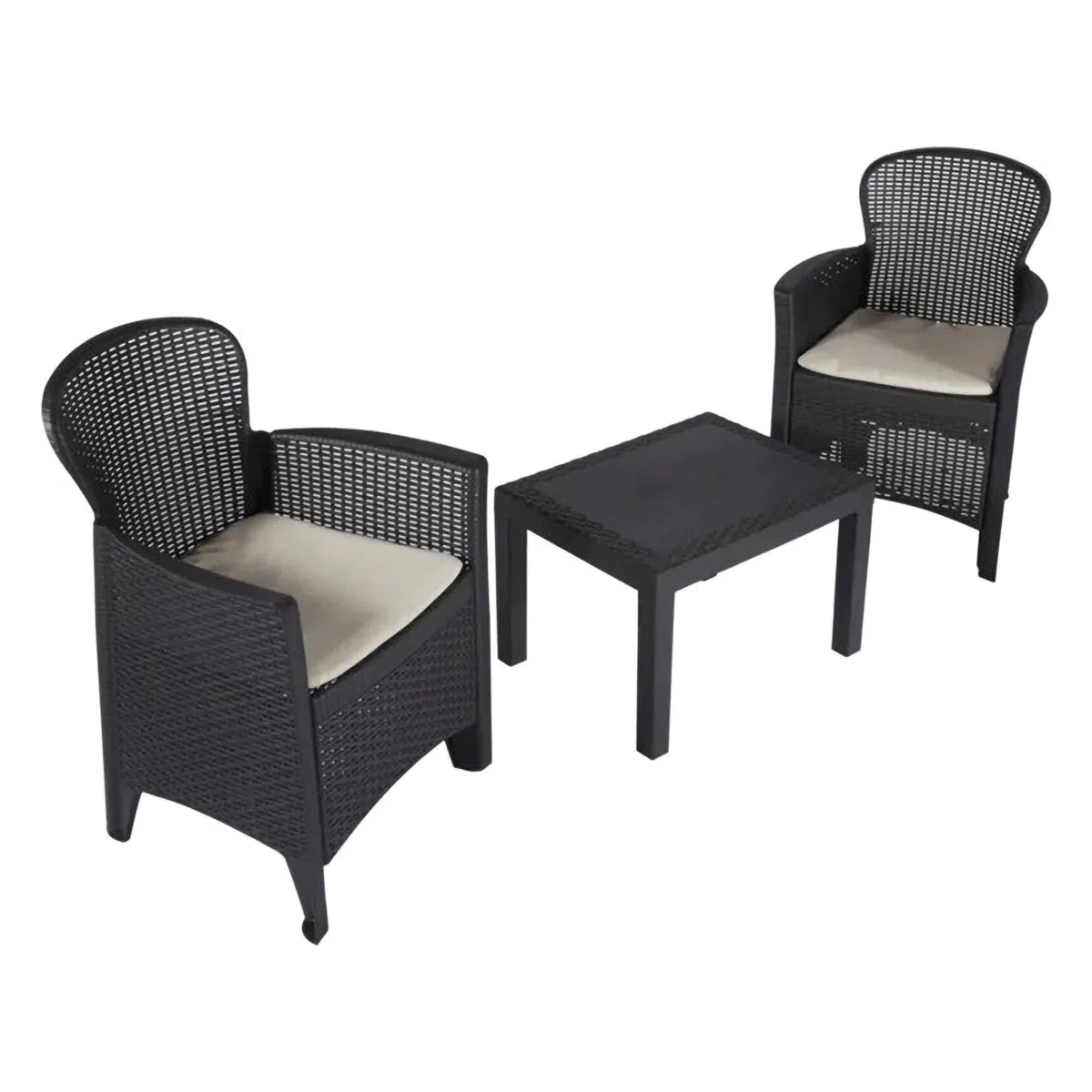 Dmora - Set salotto da esterno Foggia, Composizione da giardino con 2 poltrone ed 1 tavolino, Salottino effetto rattan con cuscini, 100% Made in Italy, Antracite