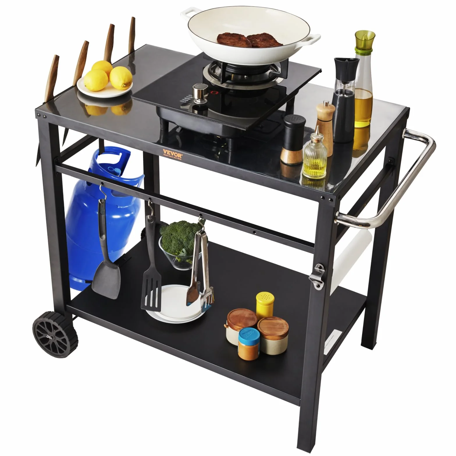 VEVOR Carrello da Pranzo per BBQ da Esterno con Doppio Ripiano, Tavolo Mobile Preparazione degli Alimenti per Barbecue, Piano Multifunzionale in Ferro Pieghevole, Carrelli da Esterno 1000x640x835mm