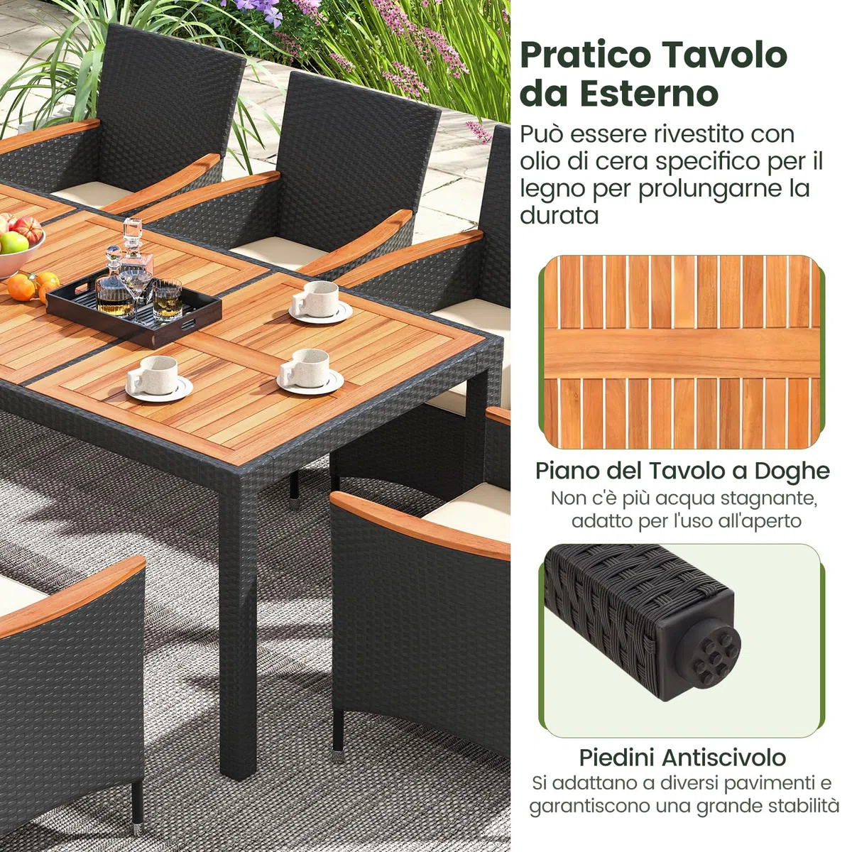 COSTWAY Set da Giardino 9 Pezzi in Rattan PE, Set Pranzo da Giardino con 1 Tavolo e 8 Sedie con Cuscini, Tavolo da Esterno con Piano in Legno di Acacia e Foro per Ombrellone, Naturale