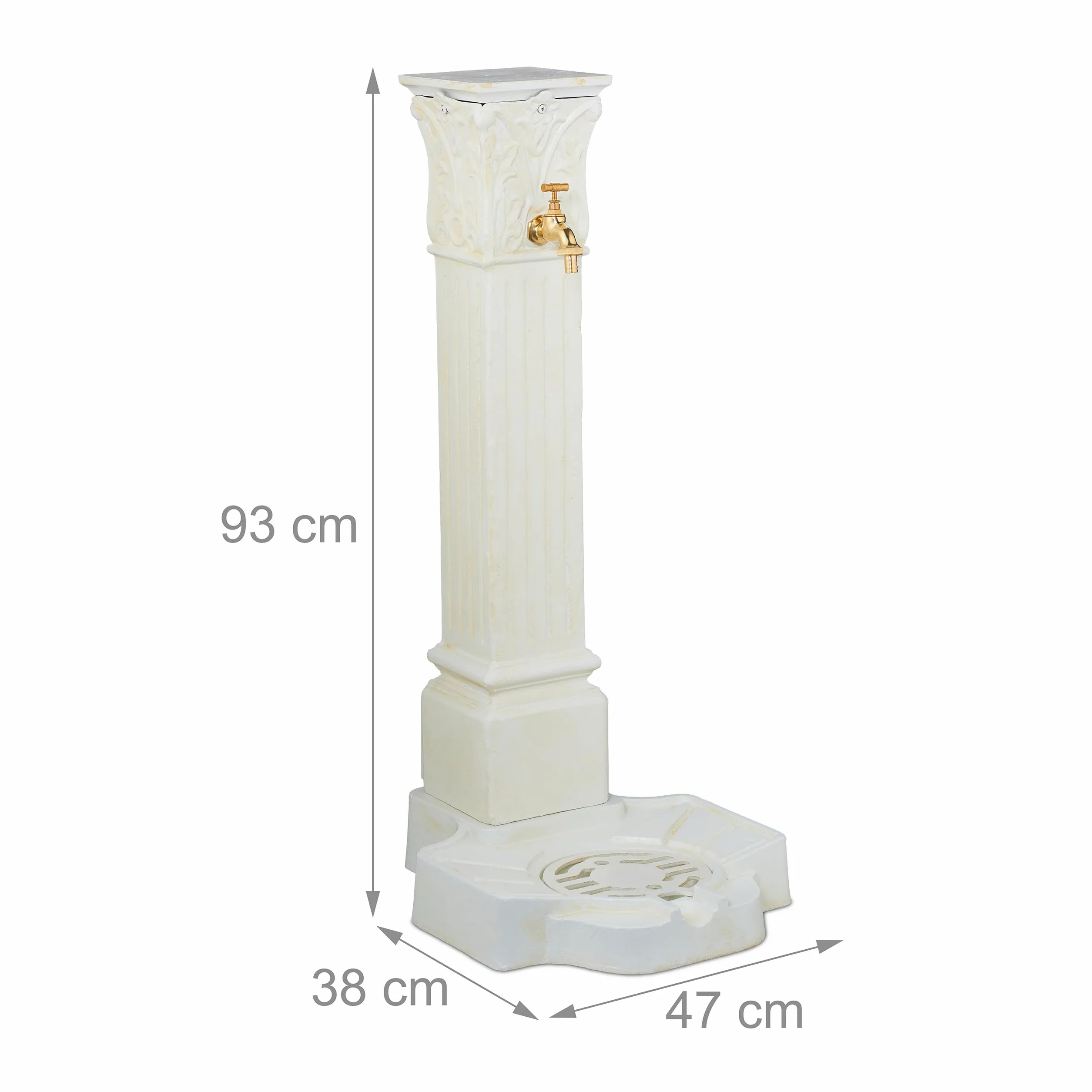 Relaxdays Fontana da Giardino in Stile Antico, Fontanella a Colonna con Rubinetto e Vaschetta, HLP: 93x47x38 cm, Bianco