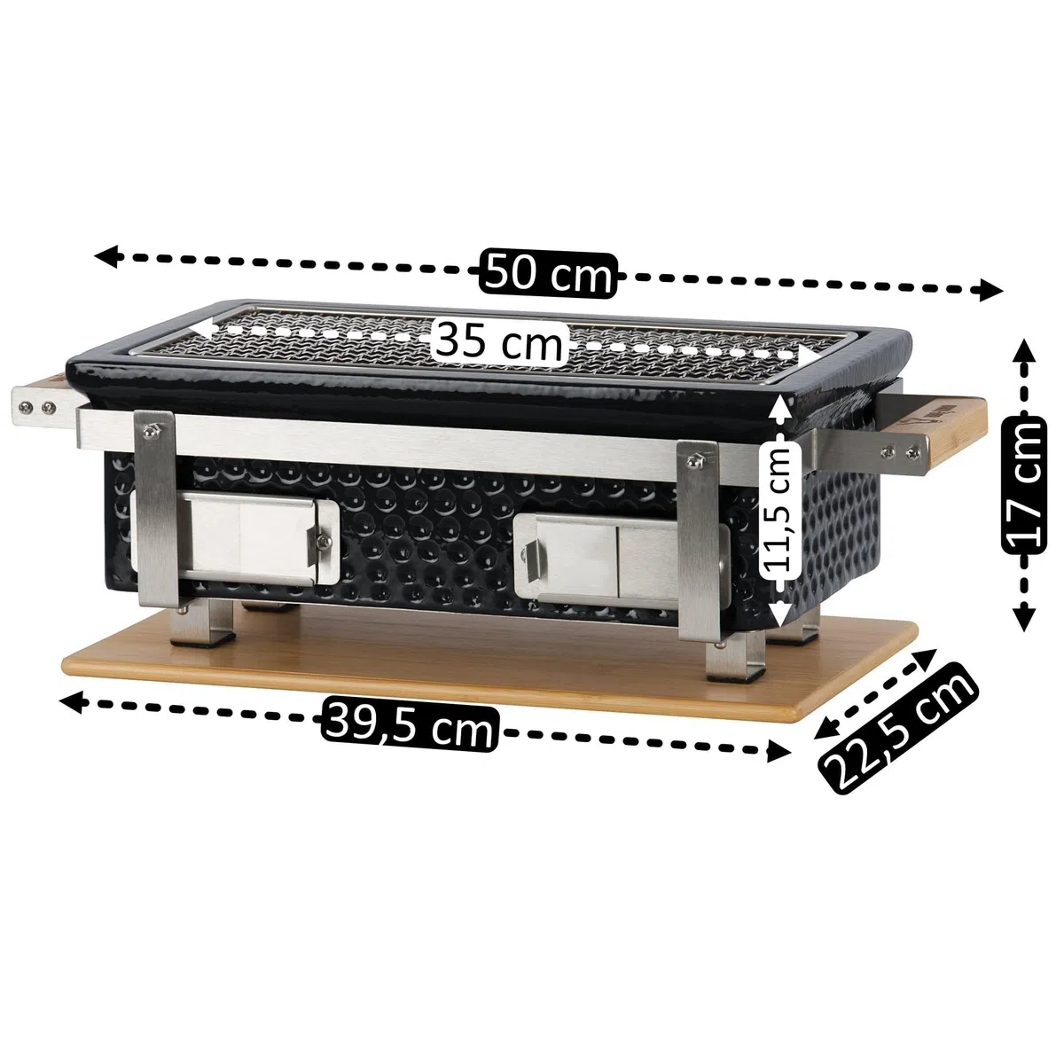 BBQ-Toro Barbecue da tavolo in ceramica con base in legno | 50 x 23 x 17 cm | Barbecue da tavolo Hibachi senza elettricità | nero, mini griglia da tavolo a carbonella, barbecue a carbonella