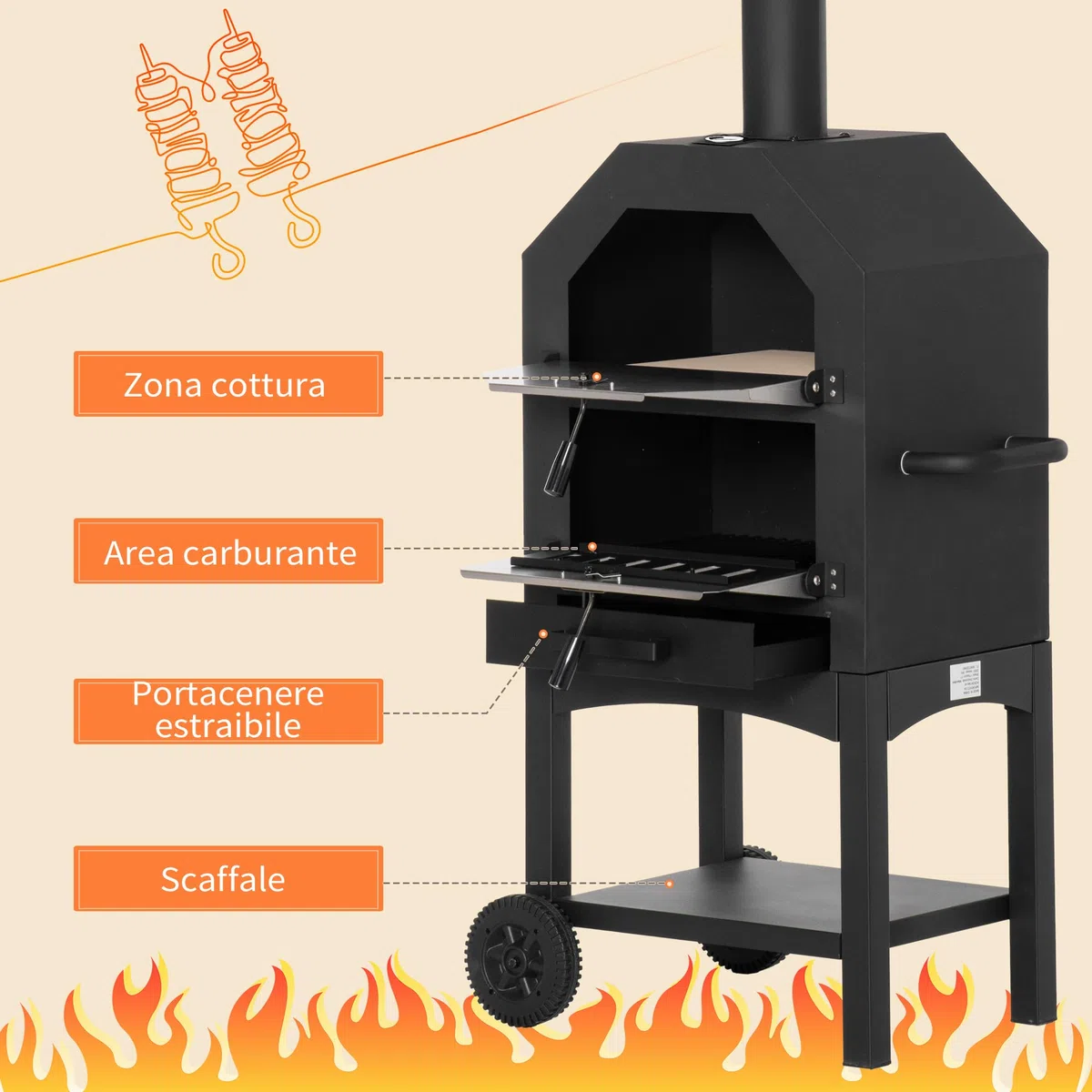 Outsunny Forno per Pizza Barbecue a Carbonella, BBQ da Esterni/Giardino in Acciaio Inox con Termometro, 64x54x160cm
