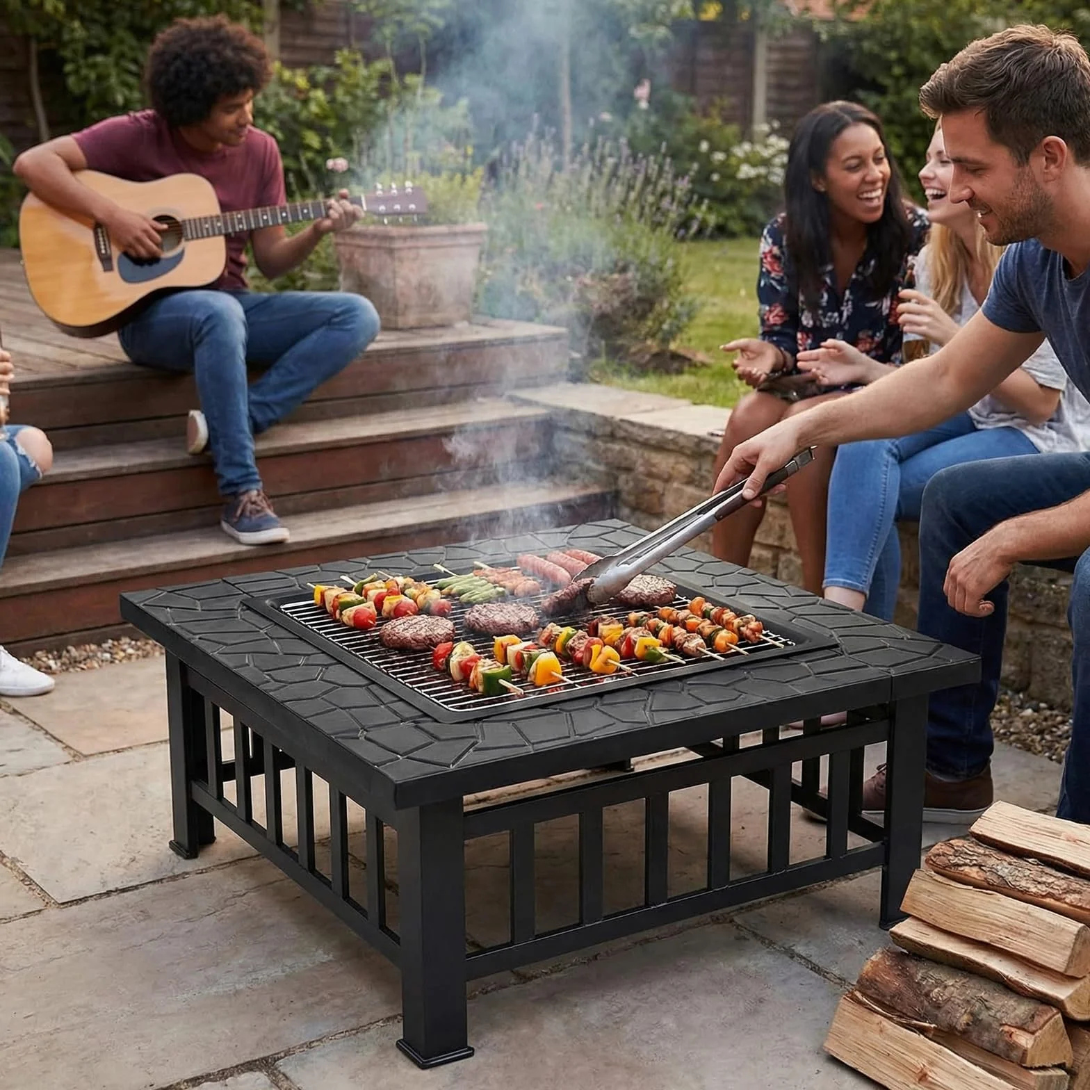 TLSUNNY 3 in 1 Braciere da Giardino, Braciere da Esterno con Griglia e Parascintille, Braciere Quadrato in Metallo, con Copertura Impermeabile e 4 pcs Gamba,per Barbecue,Campeggio e Riscaldamento,81cm