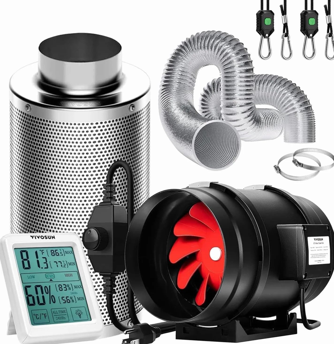 VIVOSUN Ventilatore Inline A Canale 200mm, Aspiratore 1223m³/h con Regolatore di Velocità, Filtro a Carbone Attivo 760cm, Misuratore di Temperatura-Umidità per Grow Tent, Serra e Serra