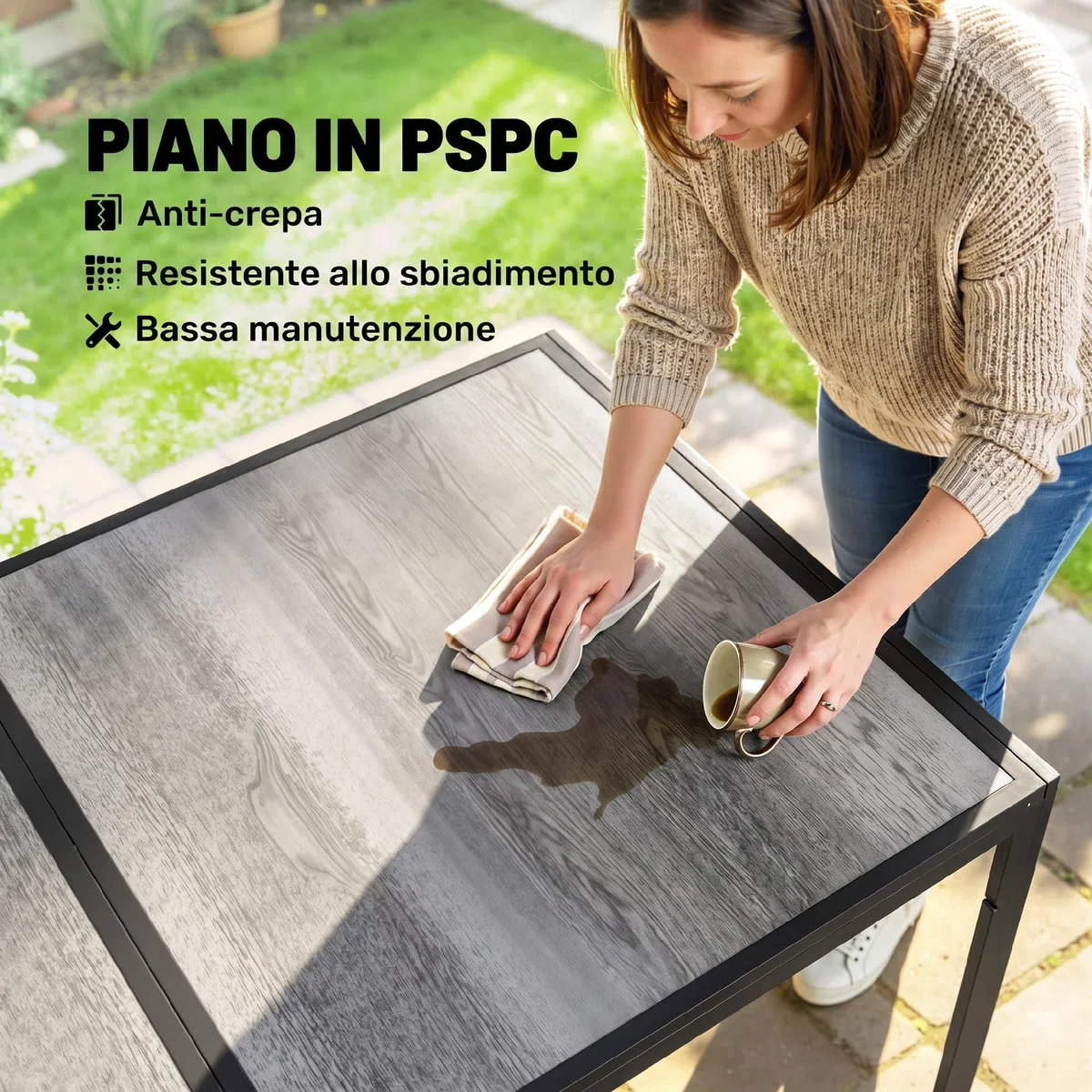Outsunny Tavolo da Giardino con Piano Effetto Legno in Plastica 150x80 cm per 6 Persone, Tavola da Pranzo da Esterno Rettangolare, Gambe in Acciaio, per Patio, Terrazzo, Balcone, Grigio