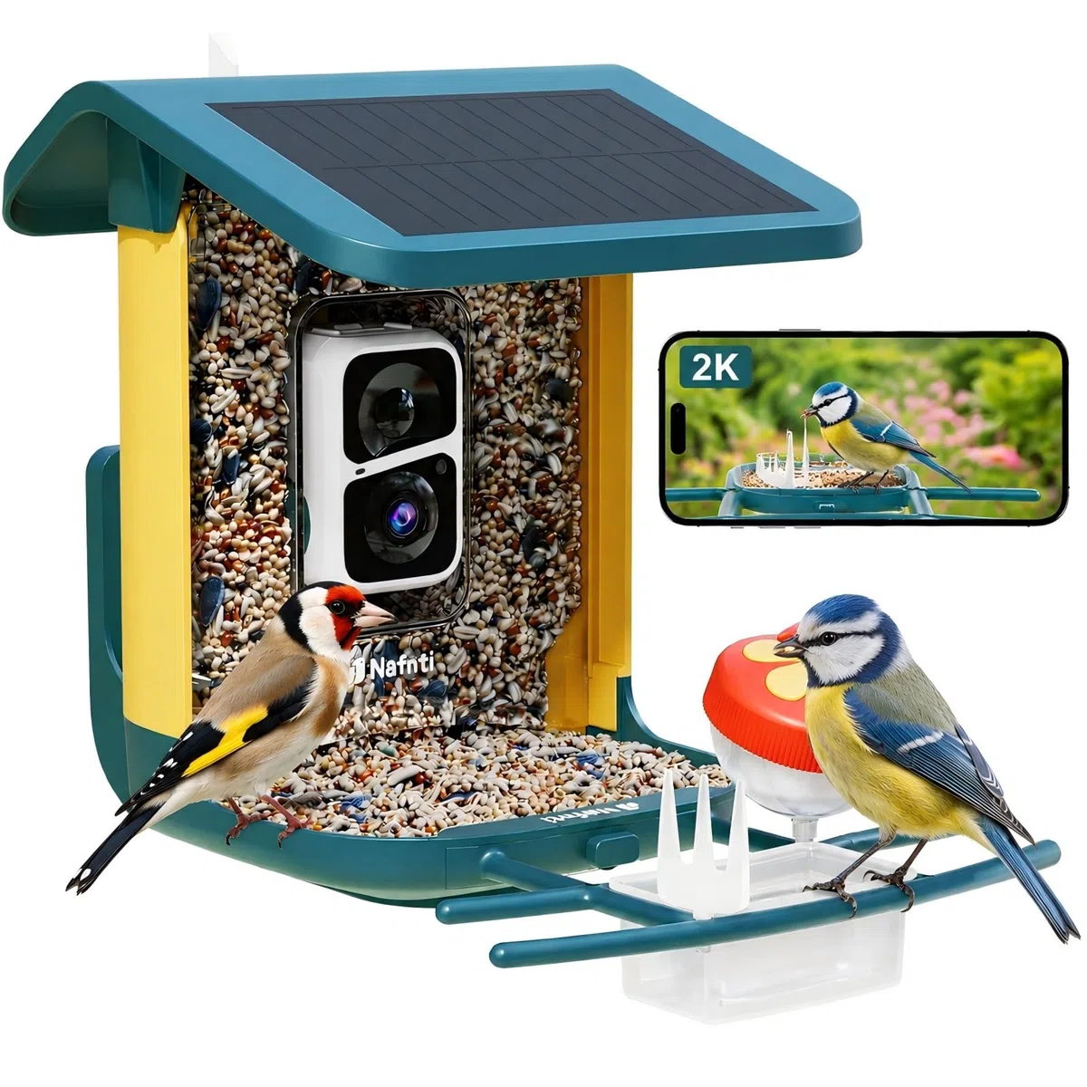 Mangiatoia intelligente per uccelli 2K con fotocamera, alimentazione solare, AI identifica oltre 10.000 uccelli, capacità 1,8 l, impermeabile IP65