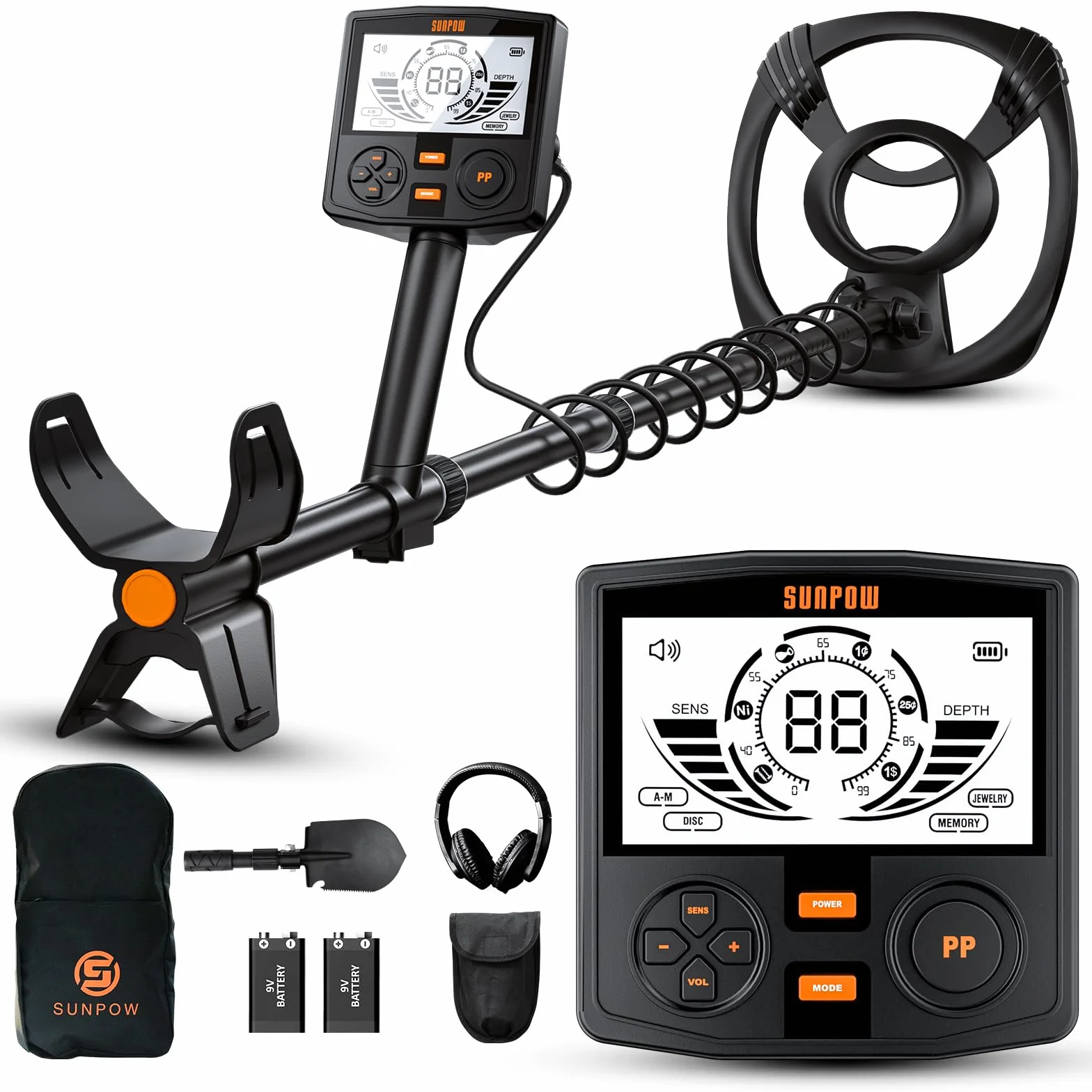 SUNPOW Metal Detector per Adulti Professionale - Alta Precisione, Bobina Impermeabile 12", LCD Retroilluminato 2X, Chip DSP Avanzato, 5 Modalità, Lunghezza Regolabile, Struttura Robusta - OTMD14