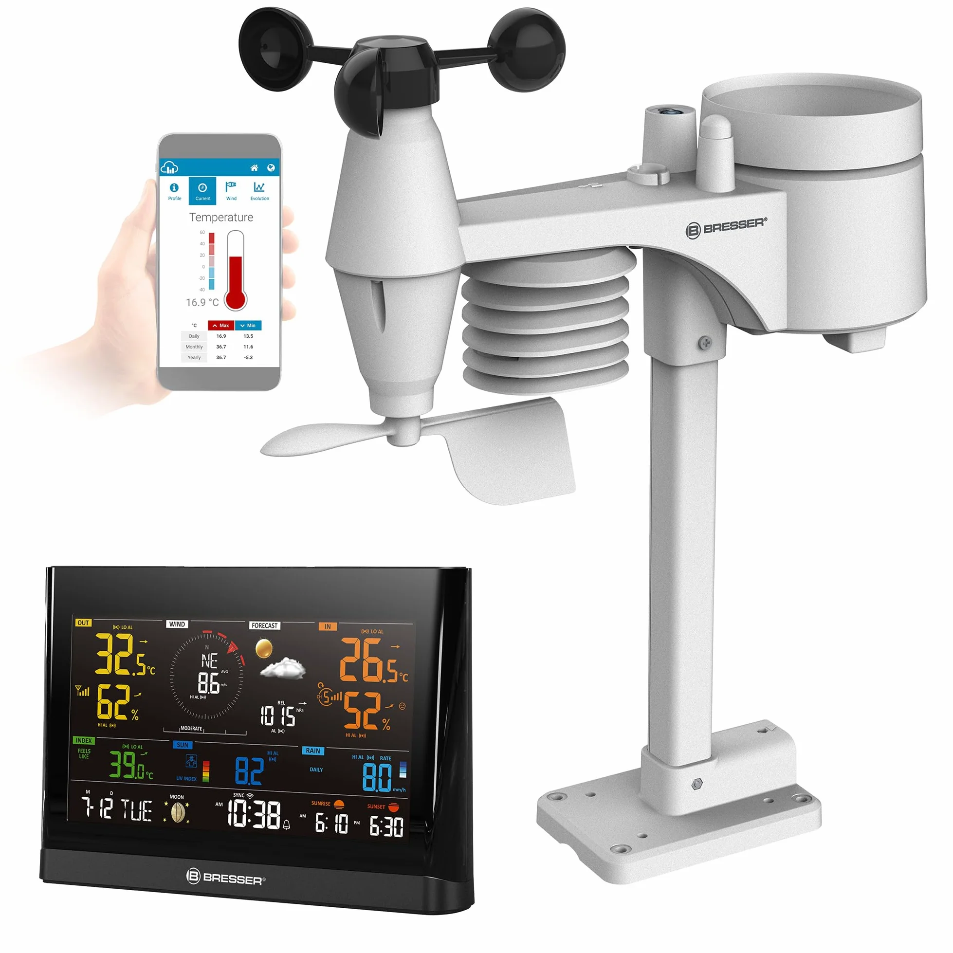 BRESSER -Centrale meteorologica WLAN Comfort con sensore professionale 7 in 1 e moderno display a colori