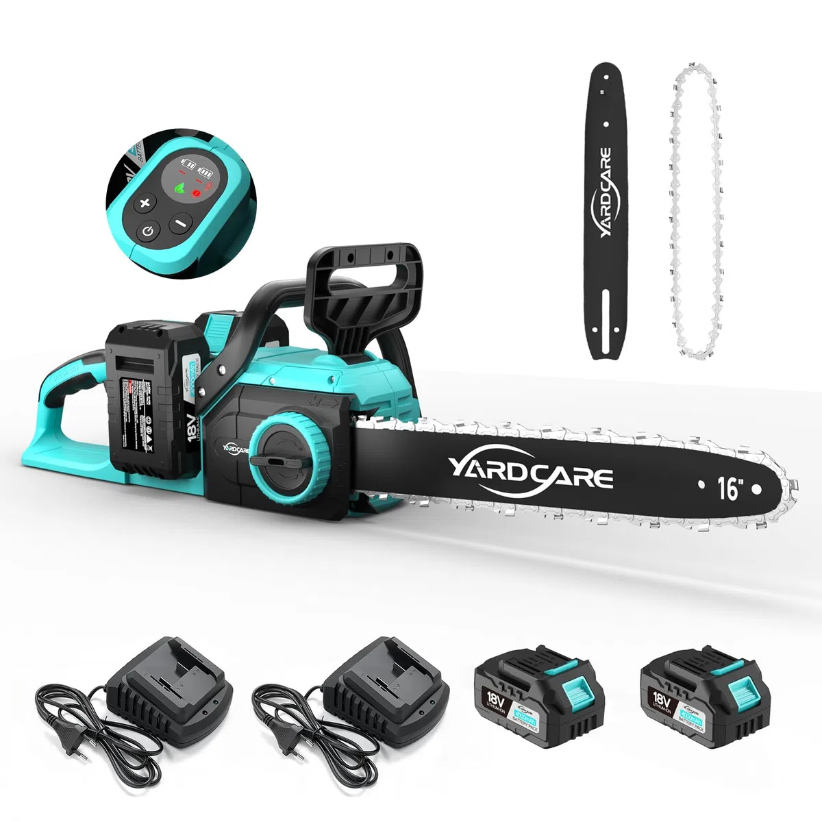 YARDCARE Motosega a batteria da 16 pollici, motore brushless da 1600 W, velocità catena 21 m/s, display LED, 2 batterie da 4 Ah, tensionamento senza attrezzi e lubrificazione automatica