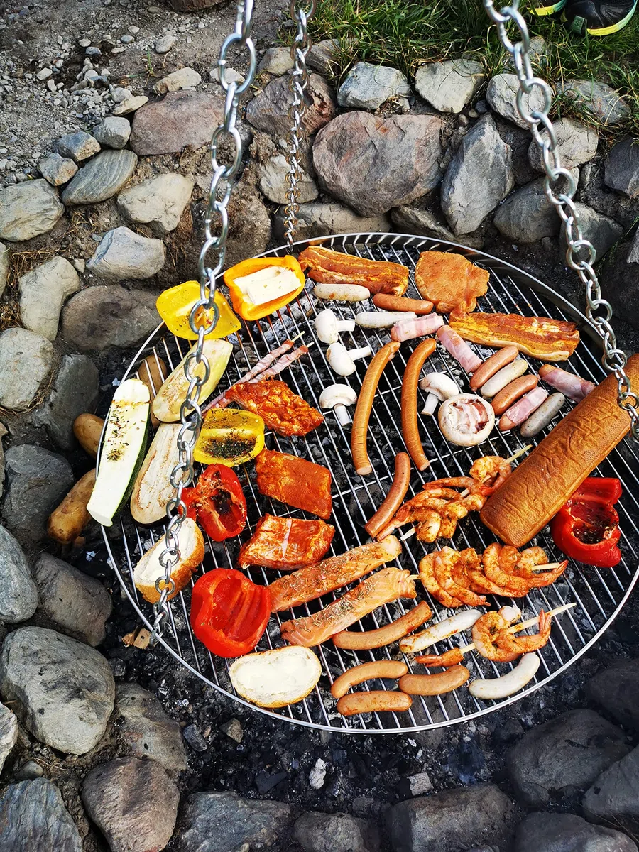 Griglia rotonda in acciaio inox, diametro 80 cm, per barbecue girevole, griglia con 3 fori di sospensione, piastra per barbecue a carbonella, barbecue, piastra a gas, accessori da campeggio