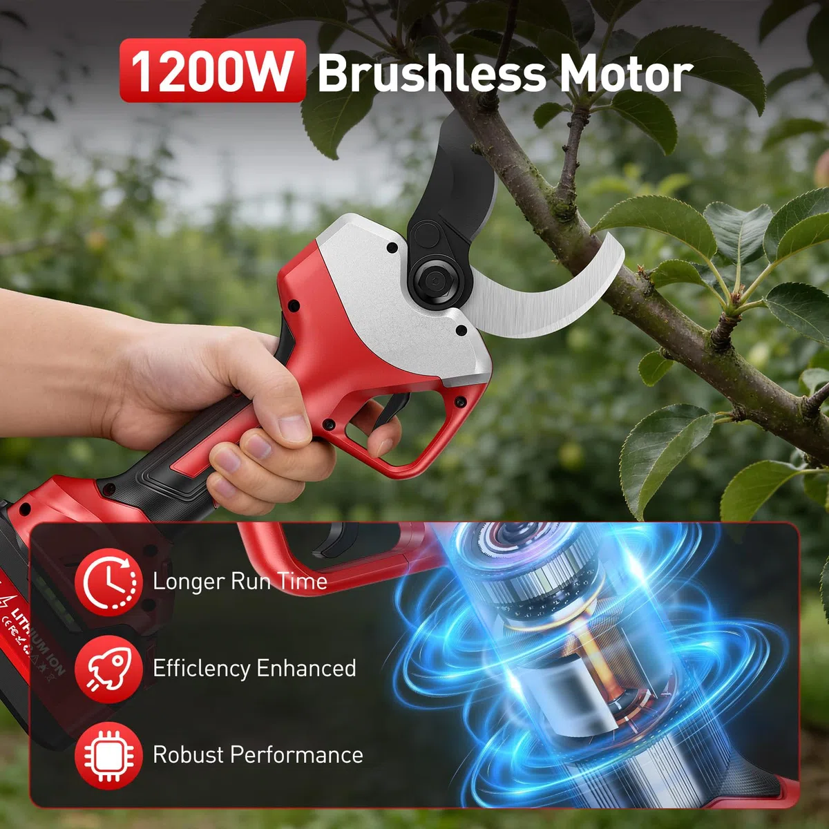 Forbici Potatura a Batteria, 55-60mm Forbice Potatura a Batteria 4000 mAh, 1200W Brushless Motore & SK-7 Lama, Cesoie a Batterie per Potatura con Display per Giardinaggio, Frutteto, Olivo, Fattoria