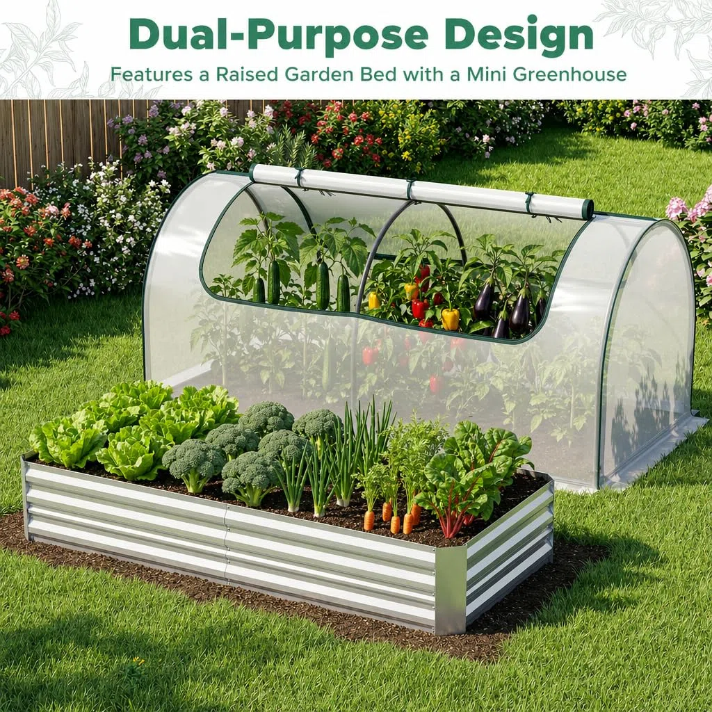 HOMASIS 2 in 1 Serra da Giardino, Serra da Balcone con Letto Aiuola Rialzata da Giardino, Serra per Orto Invernale, Serra per Piante con Porte Avvolgibili (Trasparente, 202 x 101 x 81 cm)