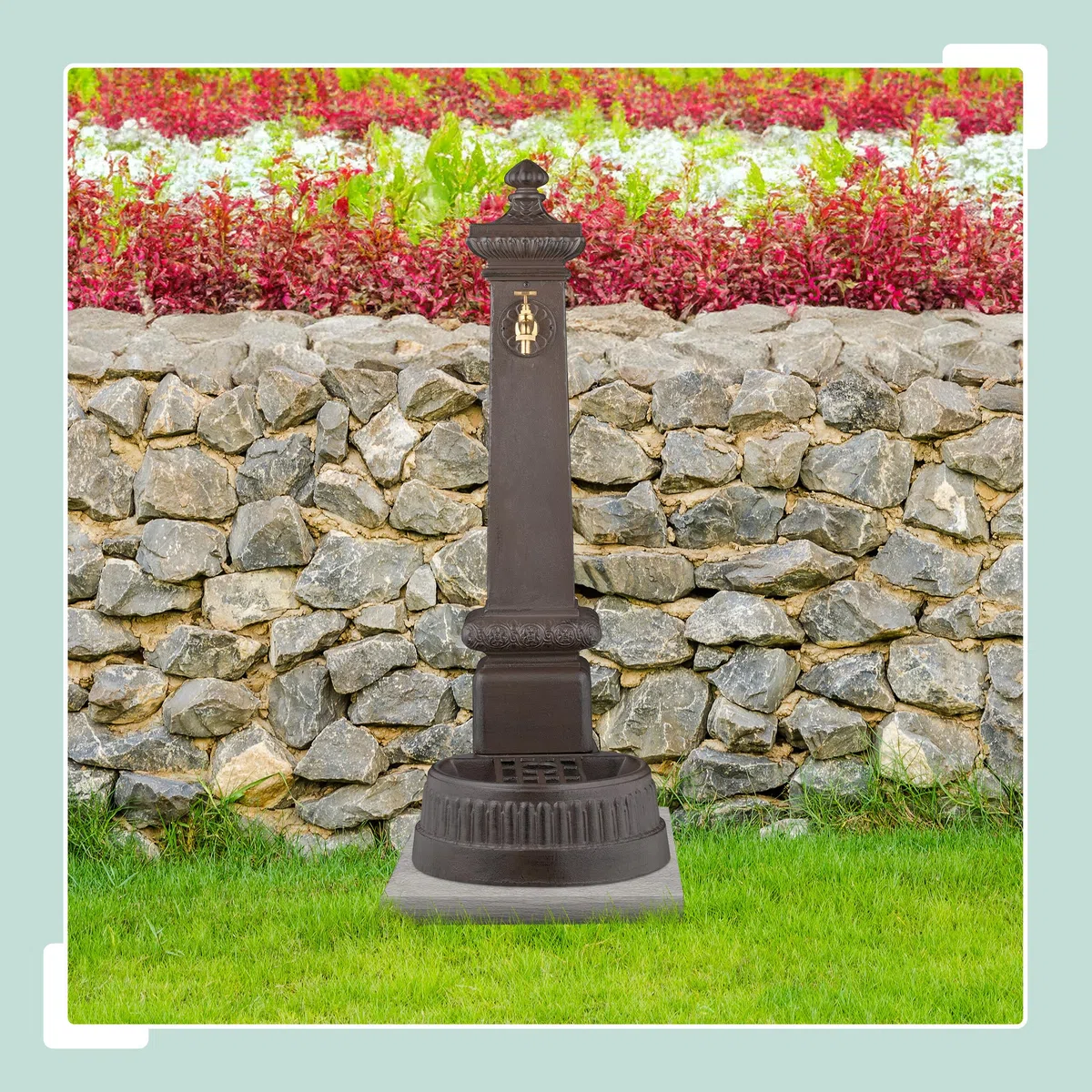 Relaxdays Fontana da Giardino in Stile Antico, Fontanella a Colonna con Rubinetto e Vaschetta, 100x44,5x38 cm, Marrone