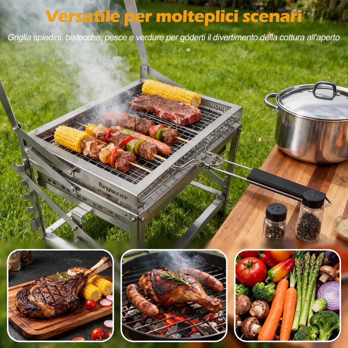 Ergocar Barbecue a Carbonella - Multifunzionale Da Esterno Portatile Ruotabile Con Vassoio a 4 Livelli Regolabile In Altezza Ideale Per Affumicare All'Aperto, Picnic, Campeggio e Barbecue