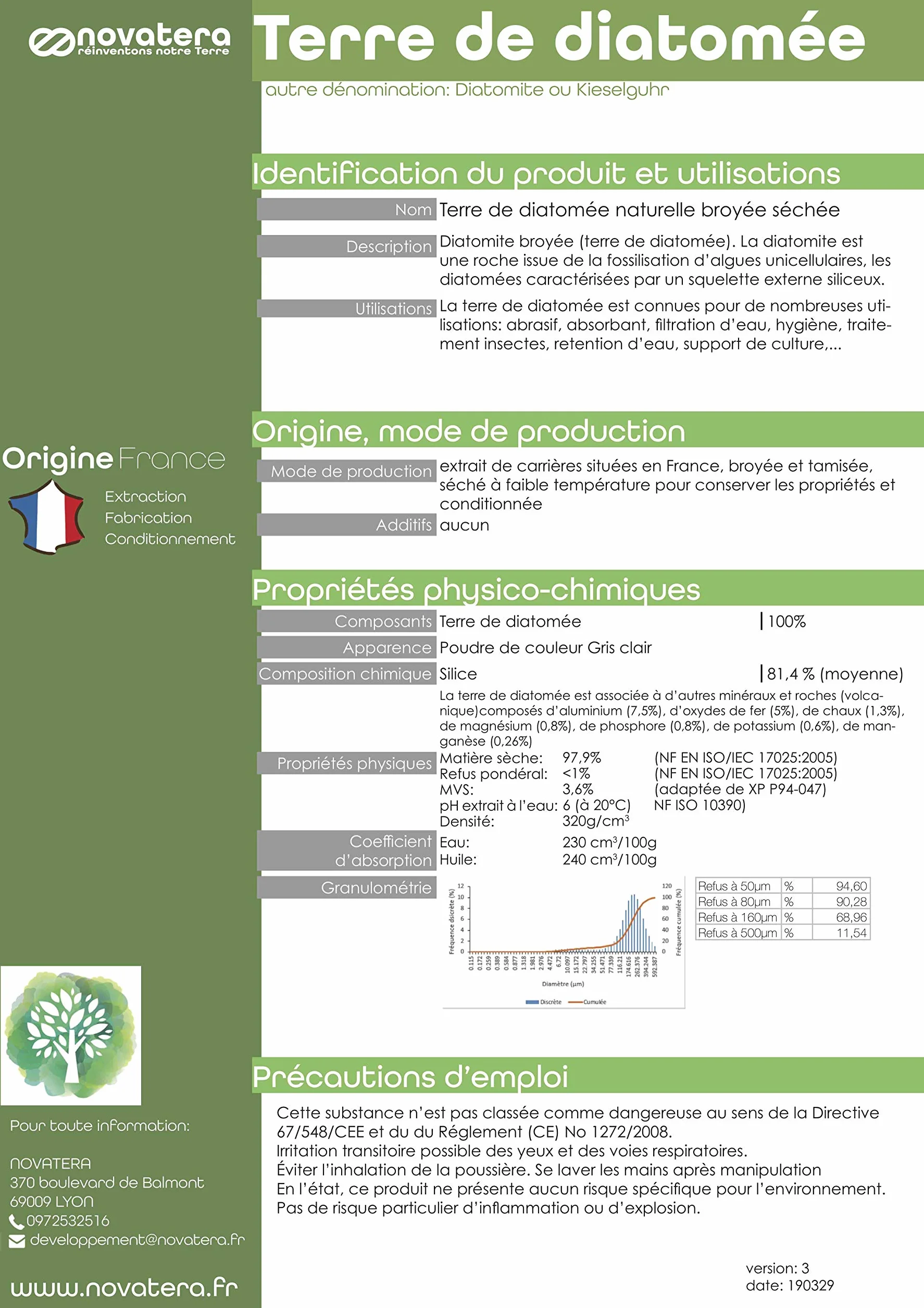 NOVATERA - 100% farina fossile naturale non calcinata, secchio 2,5 kg, estratta e prodotta in Francia, ultrapura, ECOCERT Agricoltura Biologica, protezione ecologica, disponibile da 0,3 a 25 kg