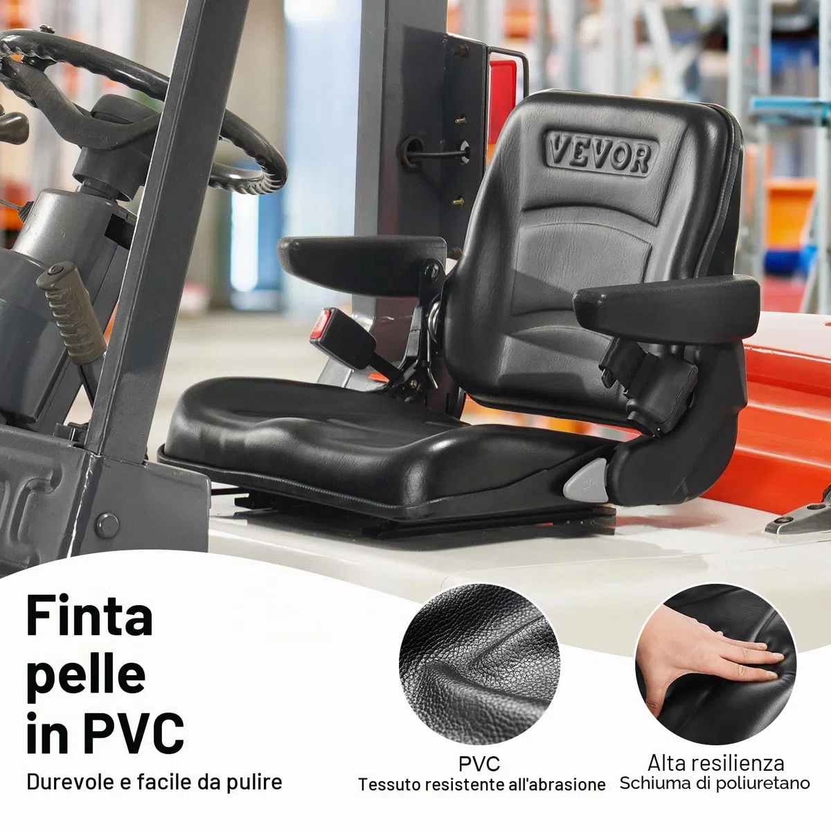 VEVOR Sedile Universale per Carrello Elevatore Sedile Pieghevole per Trattore Coprisedile con Schienale ad Angolo Regolabile Microinterruttore Cintura di Sicurezza Braccioli Fessura Esteso 160-340mm