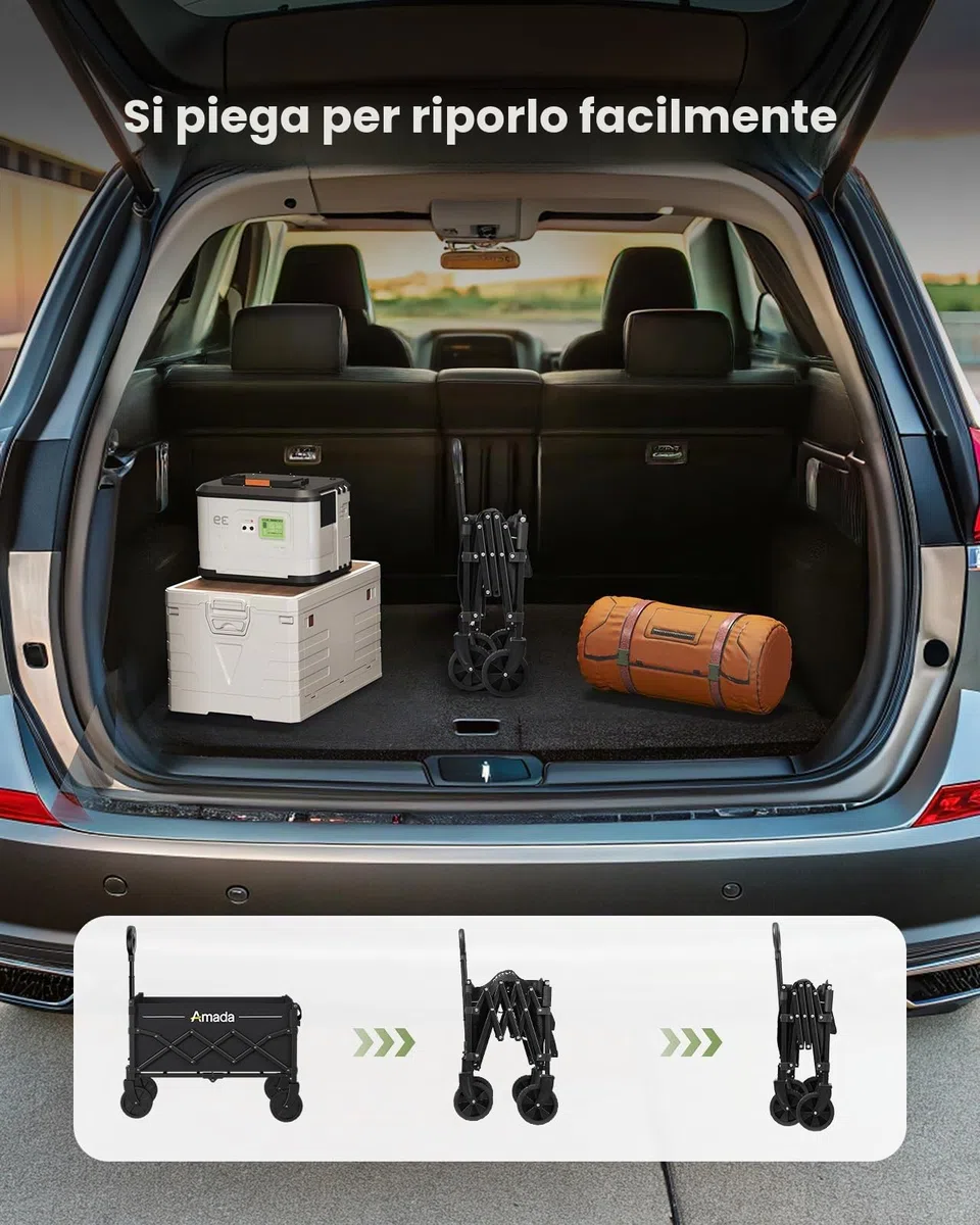 AMADA HOMEFURNISHING Carrello pieghevole, con carico massimo di 163 kg e stoccaggio espandibile, carrello pieghevole da 90L con 2 supporte tazze per all'aperto, alimentari, giardino e campeggio