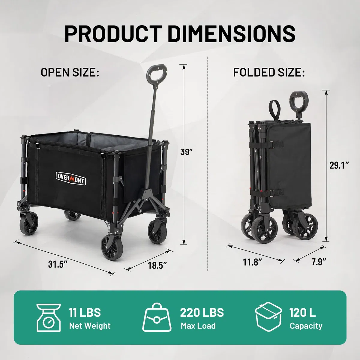 Overmont Carrello Pieghevole 3 in 1-120 L Grande Capacità, Portata fino a 100 kg - Carrello con Ruote Tutto Terreno, Leggero e Compatto - per Campeggio, Spiaggia, Giardino, Shopping e Sport